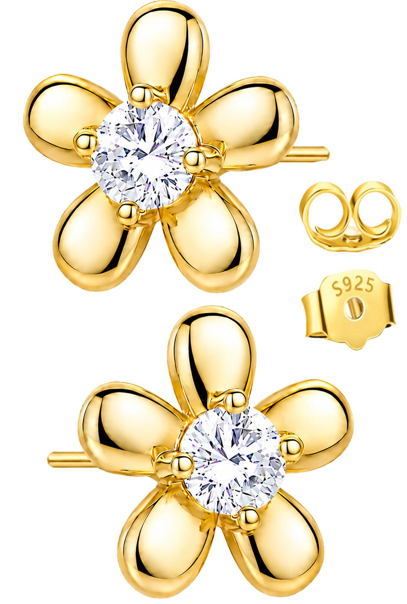 Limana Paar Ohrstecker Zirkonia Blumen Ohrringe Damen 925 Silber vergoldet Gold Geschenk (Freundin Mama Ehefrau Mutter Schmuck inkl. Dose), Geburtstag Weihnachten Muttertag Valentinstag Hochzeitstag Jahrestag