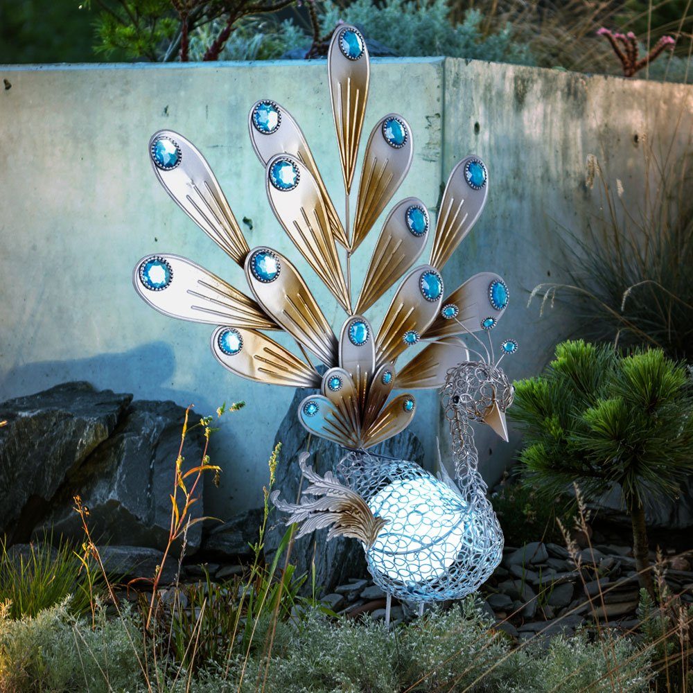 GLOBO LIGHTING LED Dekofigur, LED-Leuchtmittel fest verbaut, LED Solar Außen Deko Leuchte Garten Figur Pfau Dekorsteine Rasen Lampe