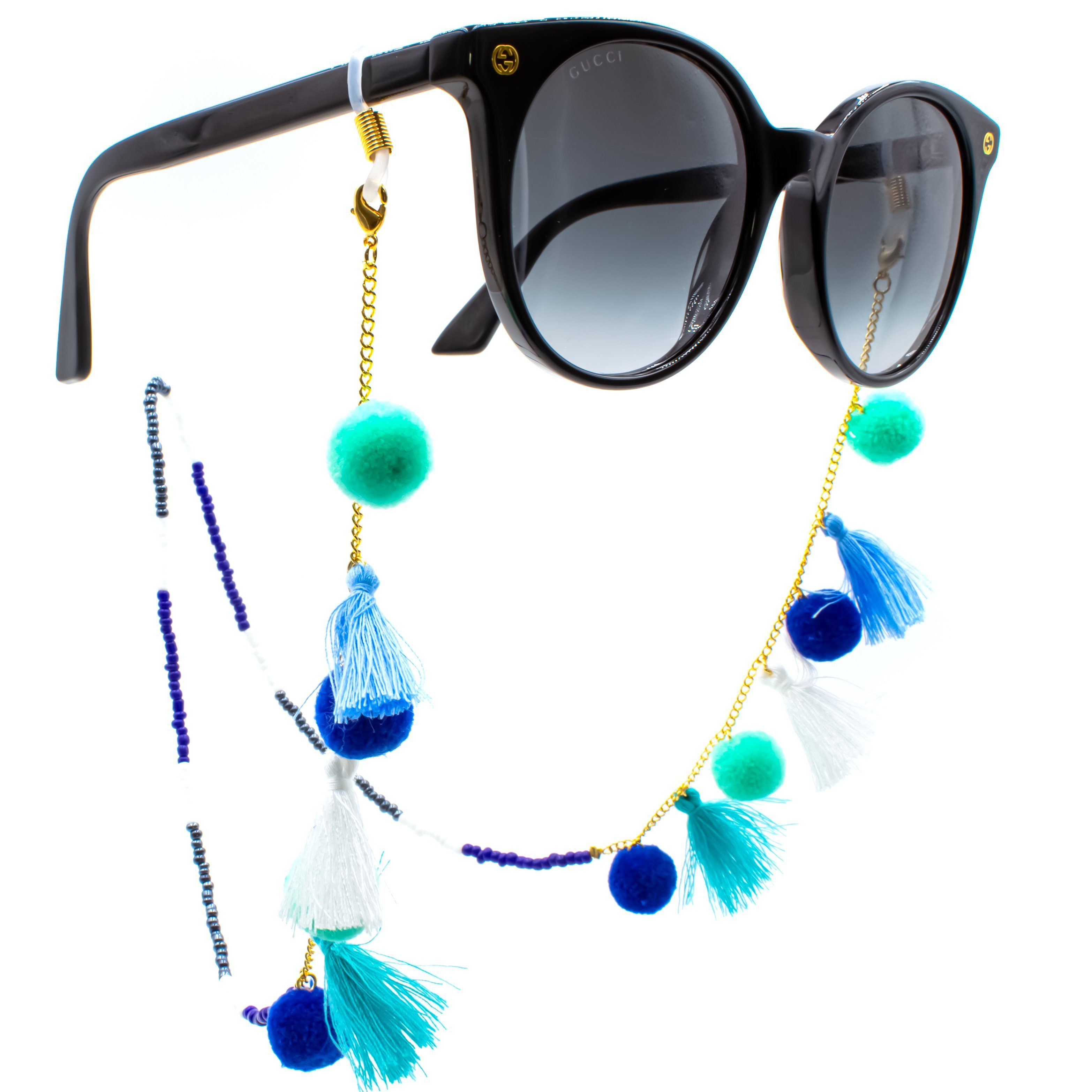 GERNEO Brillenband GERNEO® - Korfu - Premium Brillenband & Brillenkordel Unisex, Versiegelung aus 18 Karat Gold oder 925er Silber, Fähnchen Blau Weiß