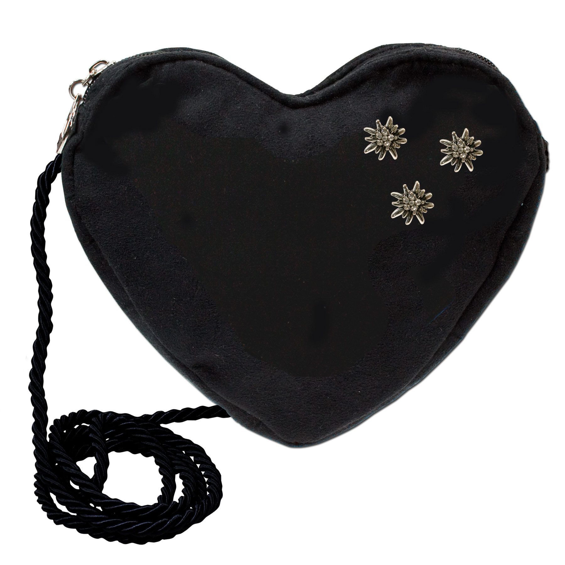 Alpenflüstern Schultertasche Herztasche Strass-Edelweiß Mini (schwarz), - Damen Trachtentasche in Herzform, Schultertasche fürs Dirndl, Herz H