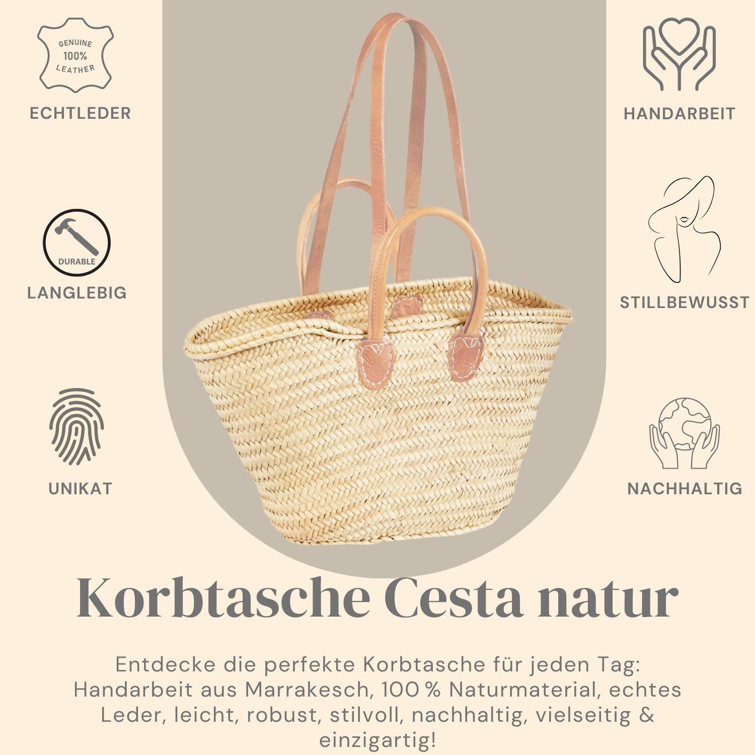 Marrakesch Orient & Mediterran Interior Korbtasche Cesta Natur - Strandtasche Korbtasche 55cm aus Palmblatt & Leder (1-tlg), Handarbeit