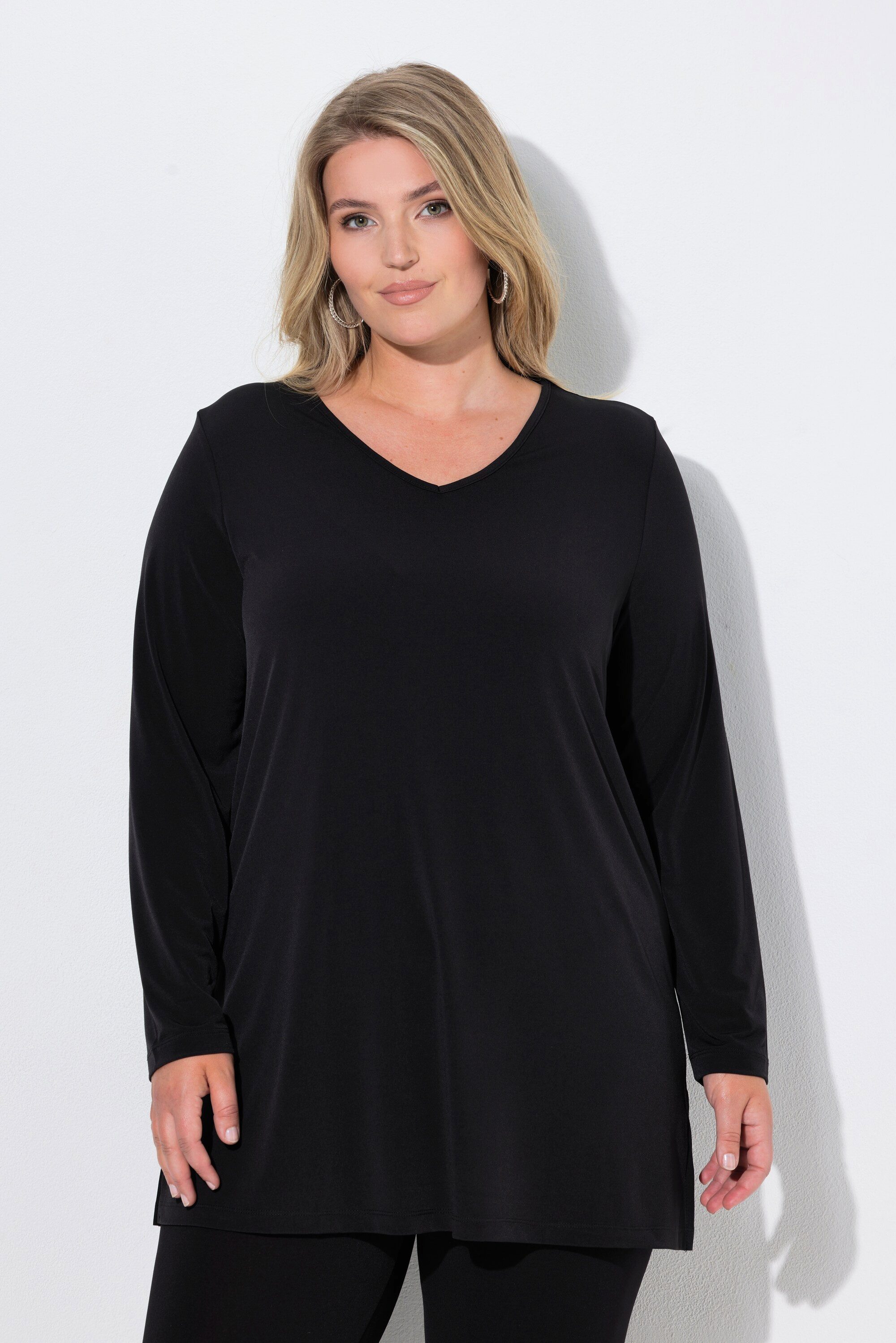 Longshirt Longshirt A-Linie V-Ausschnitt Langarm