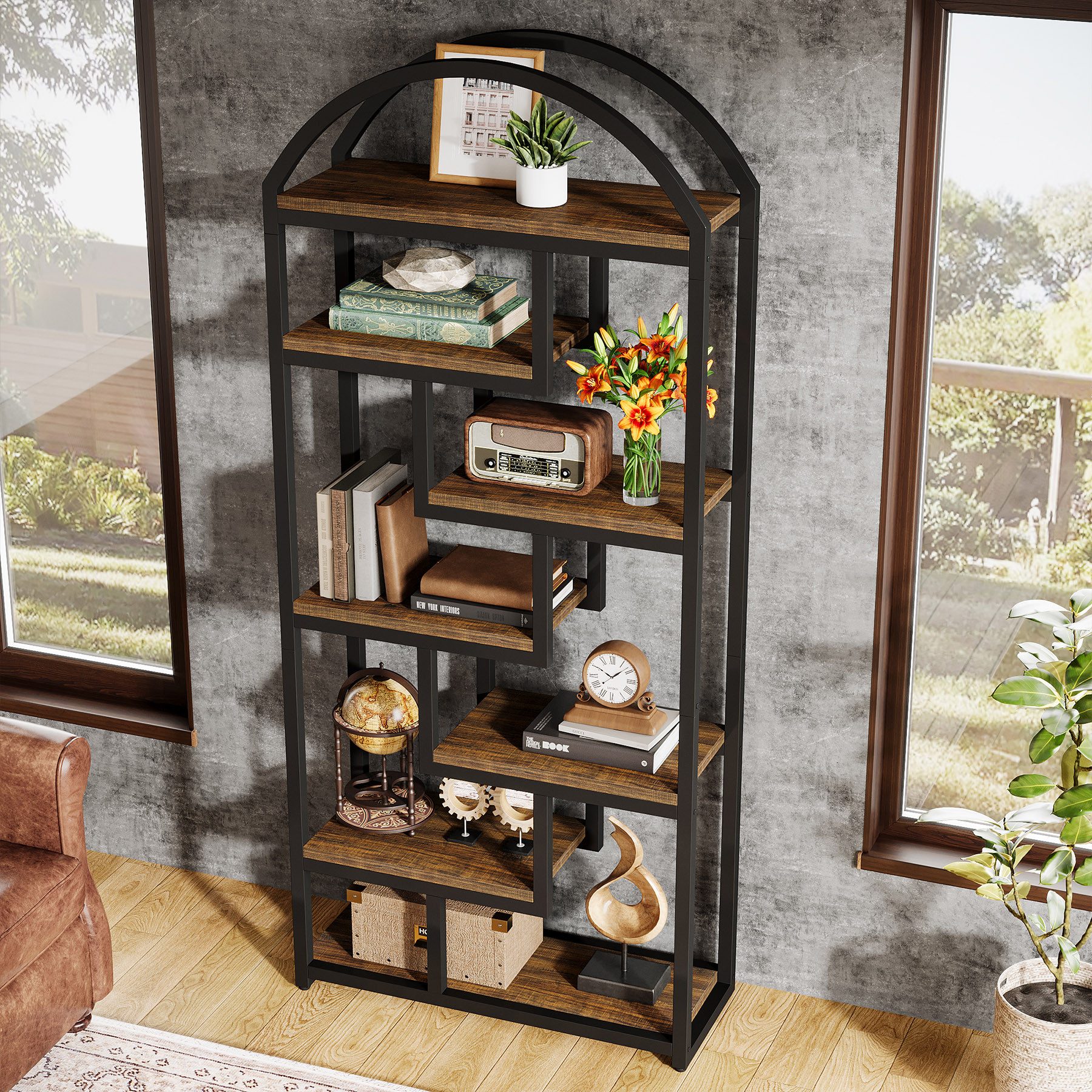 Tribesigns Bücherregal 180cm Bogendesign 7 Fachböden Industrial Regal Braun Schwarz – Bild 5 von 5