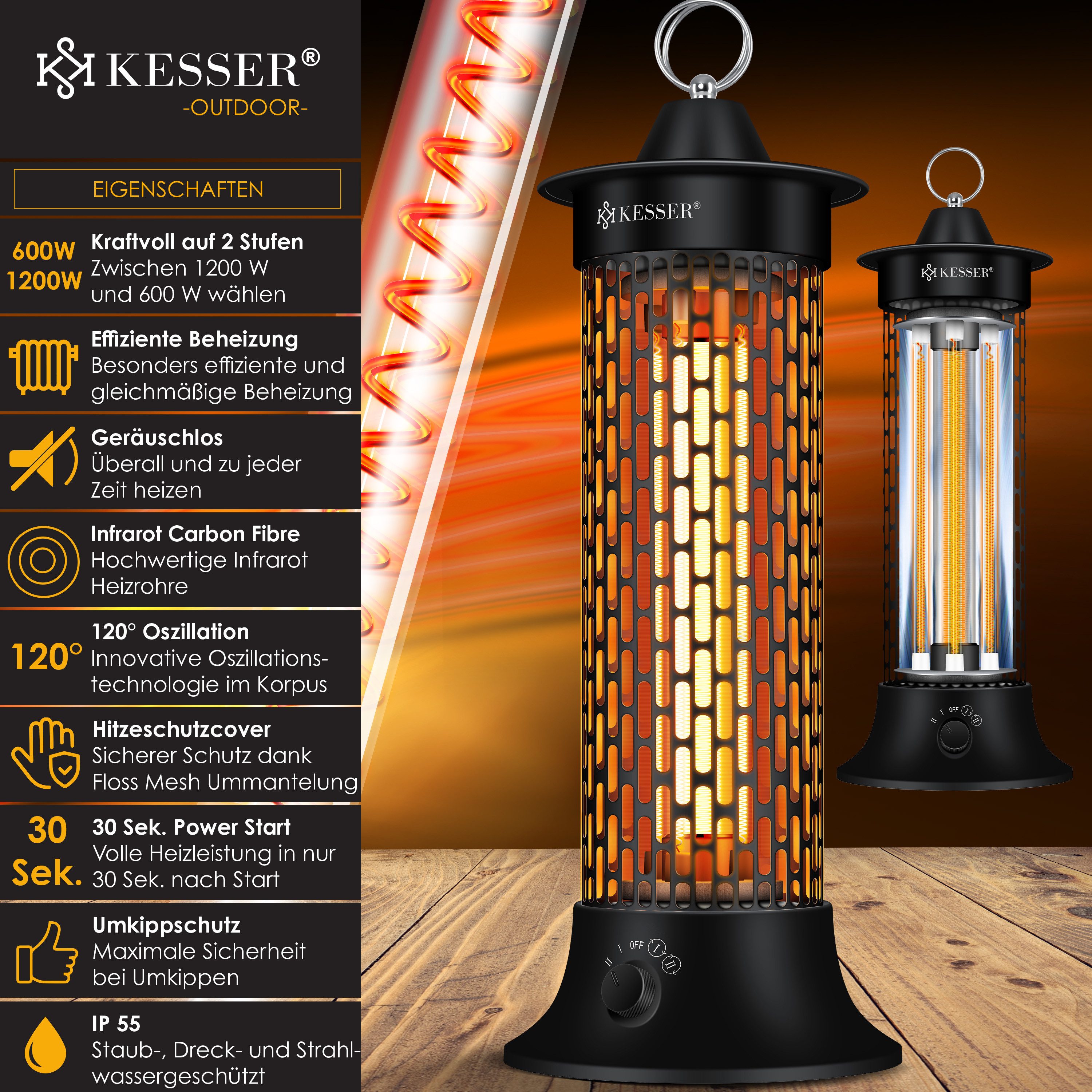 KESSER Terrassenstrahler, Standheizstrahler Infrarotheizung, 1200W Heizstrahler Energie