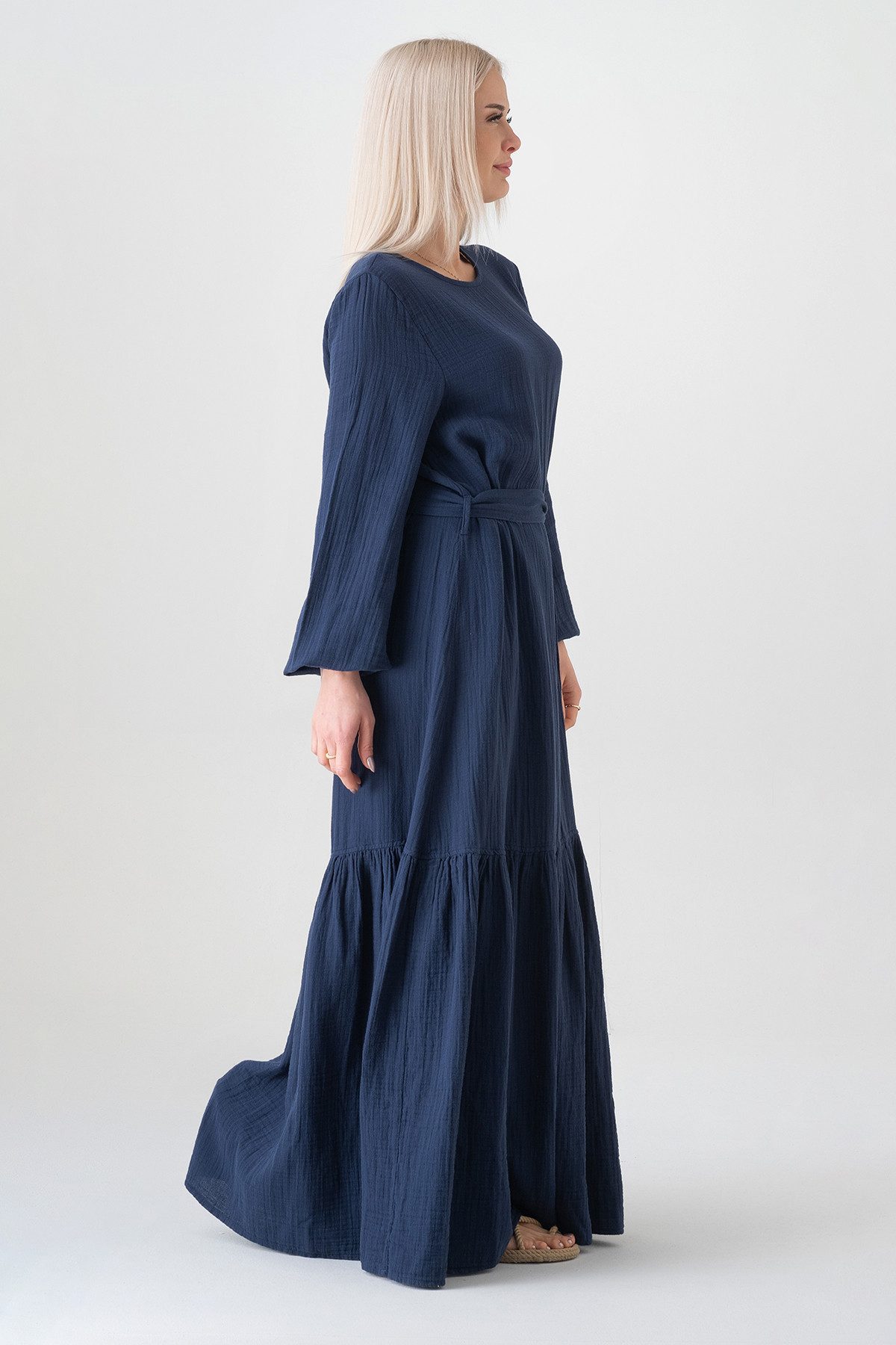 WENOR Sommerkleid Musselin-Kleid, 100 % Baumwolle, Volantsaum, Gürtel, Gr. 36–50 mit Volantsaum und Bindegürtel