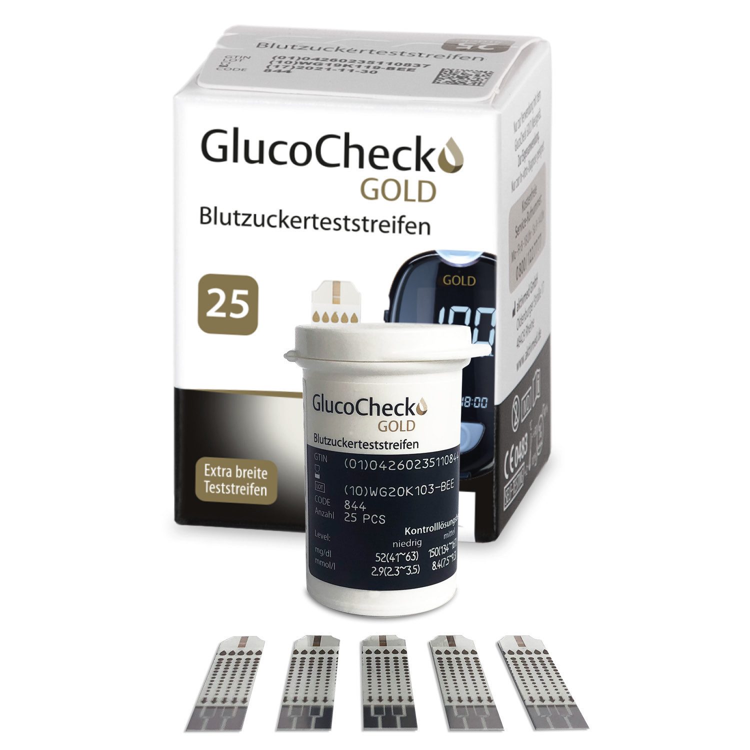 GlucoCheck Blutzucker-Teststreifen GlucoCheck GOLD, 25-St., Goldbeschichteten Elektrode