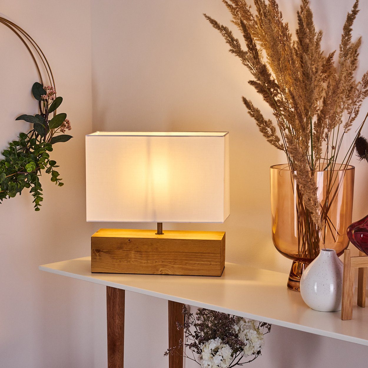 hofstein Tischleuchte Boho Lese Lampe Holz/Stoff weiß Wohn Schlaf Raum Bele günstig online kaufen