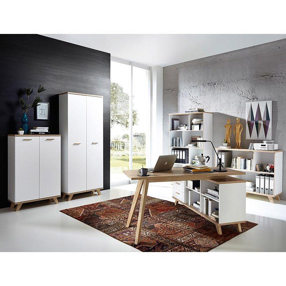 Lomadox Schreibtisch SOSLO-01, supermatt weiß Sanremo Eiche mit Sideboard 2 Aktenschränke 2 Regale