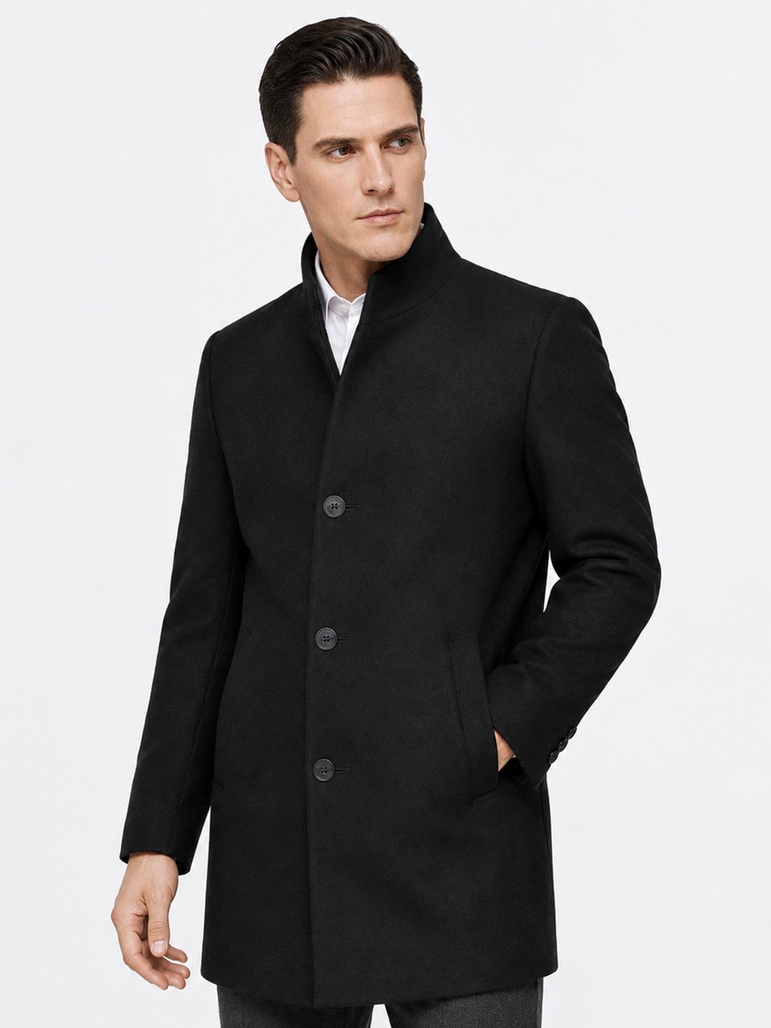 Allthemen Wintermantel warmer Wintermantel aus Wollmisch Herren Wollmisch-Wintermantel Slim Fit mittellang Stehkragen Business – Bild 4 von 5