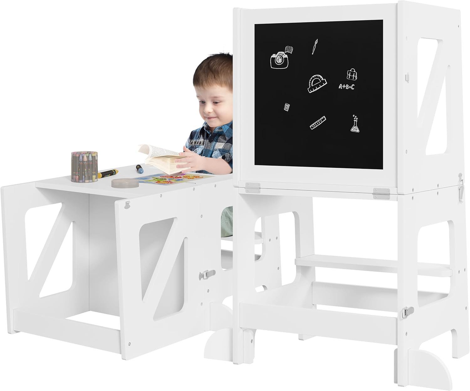 Woltu Tritthocker, Montessori Lernturm 3 in 1, Kindertafel, mit Rausfallschutz, faltbar