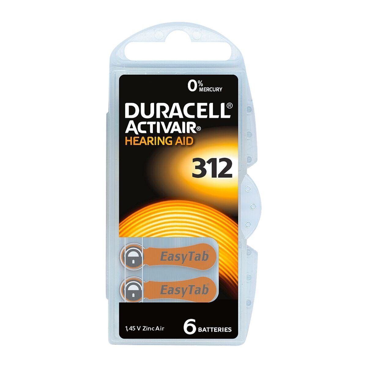 Duracell Knopfzelle, (1.4 V, 6 St), Hörgeräte-Batterien DA312 / PR41, 175 mAh