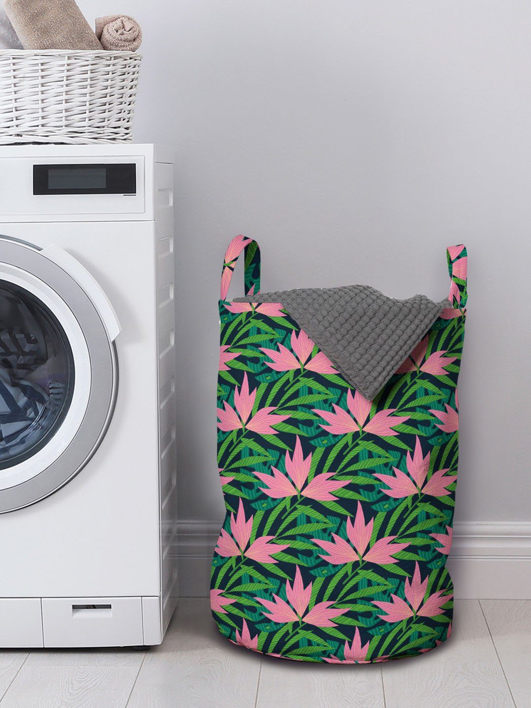 Abakuhaus Wäschesäckchen Wäschekorb mit Griffen für Kordelzugverschluss Beschwingt Waschsalons, Tropical Monstera Blumen