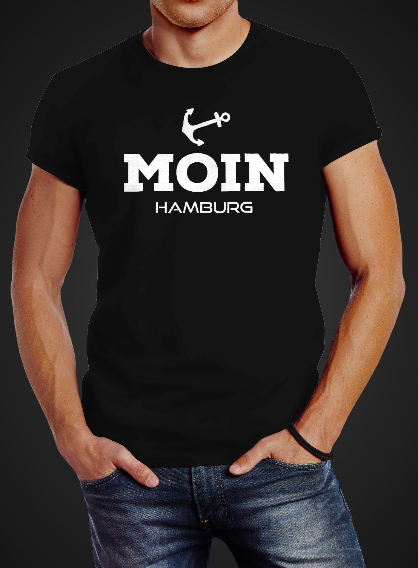 Neverless Print-Shirt Herren T-Shirt Moin Hamburg Anker Slim Fit mit Print
