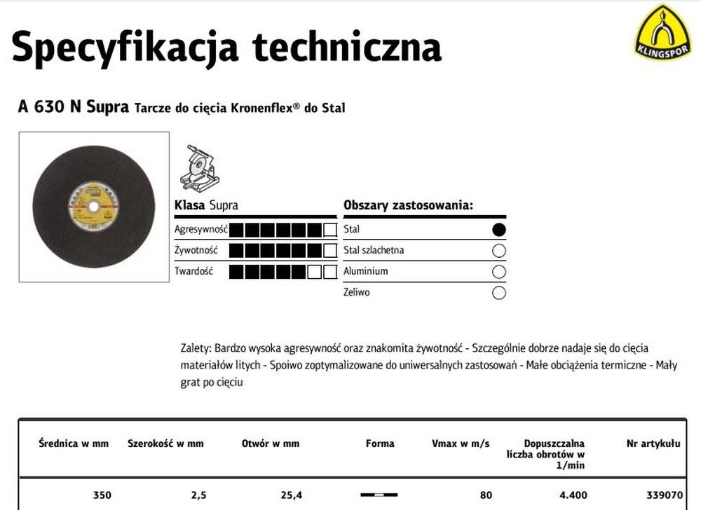 Klingspor Trennscheibe KLINGSPOR METALLSCHEIBE 350mm x 2,5mm x 25,4mm A630N Supra