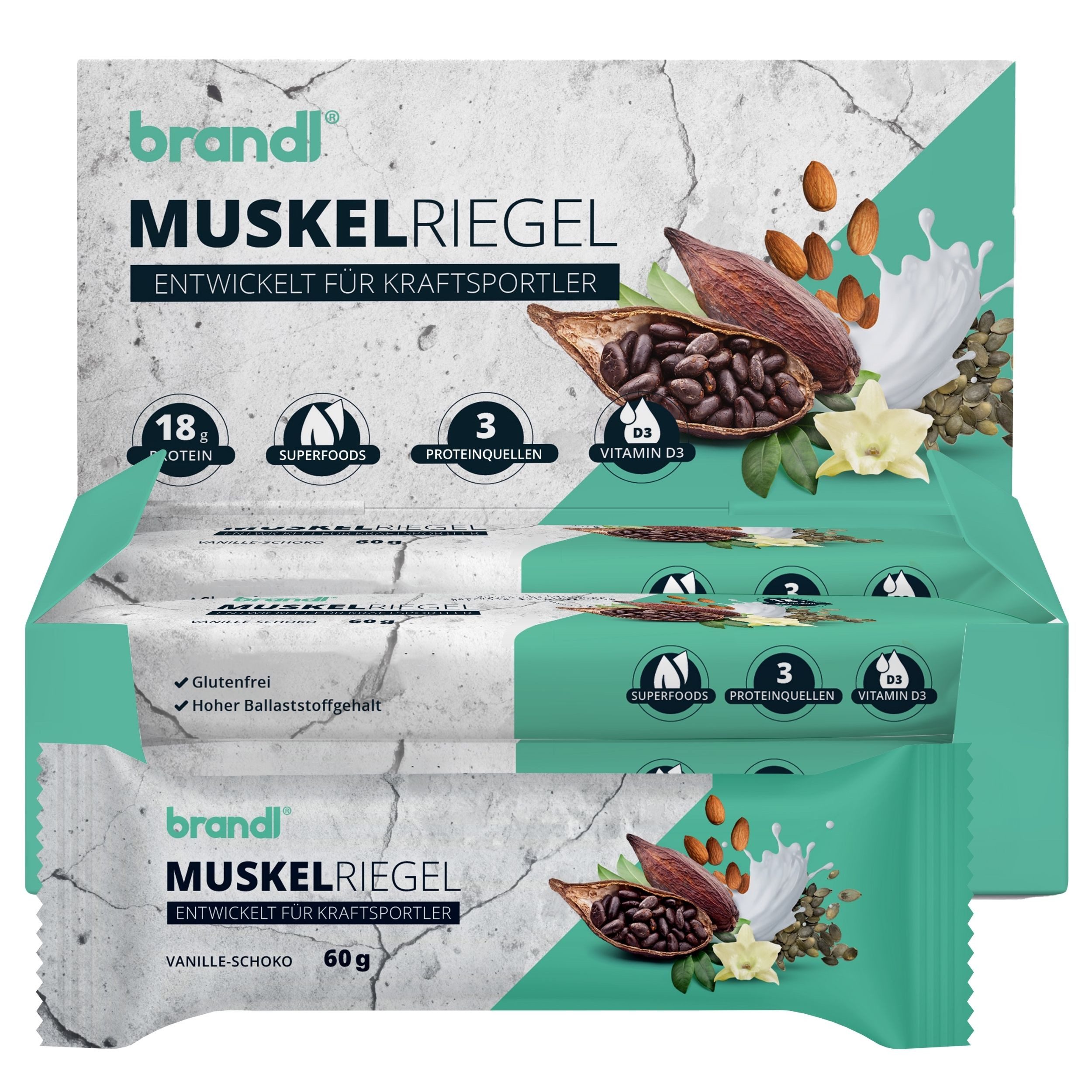 Brandl Nutrition Proteinriegel 60g 18g Eiweiß, Eiweiß-Riegel ohne Sucralose, 12 Stk. Riegel