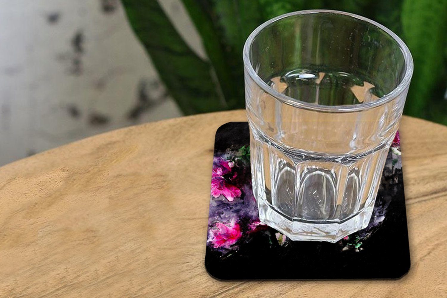 Rosa Tasse Glasuntersetzer - Zubehör für - Korkuntersetzer, Glasuntersetzer, - - Gläser, Blumen Kunst Farbe 6-tlg., Tischuntersetzer, Schwarz, MuchoWow Untersetzer,