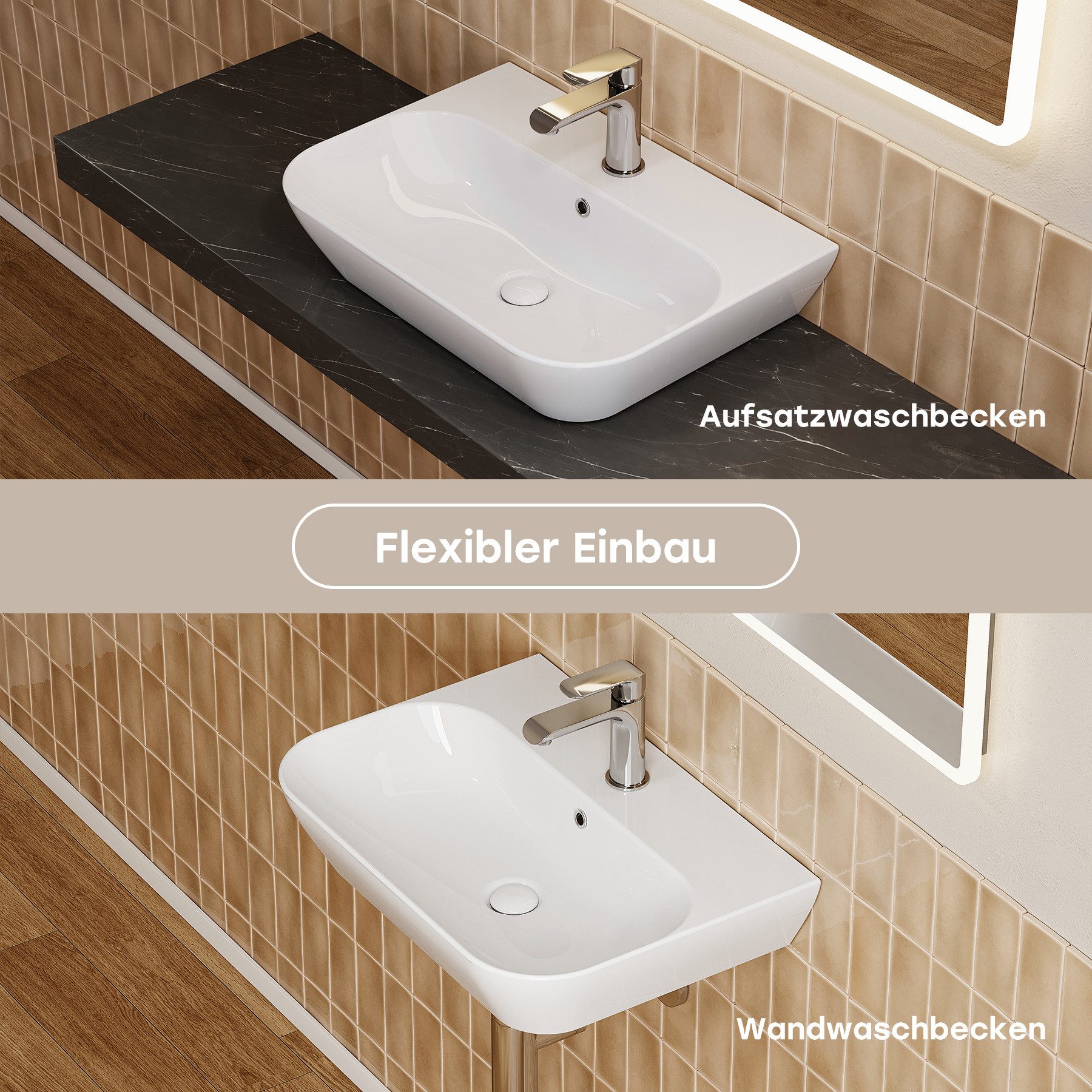HOROW Aufsatzwaschbecken Waschbecken Hängewaschbecken Keramik mit Nanobeschichtung (Pflegeleicht, weiß ohne Armutar, mit Hahnloch und Überlauf)