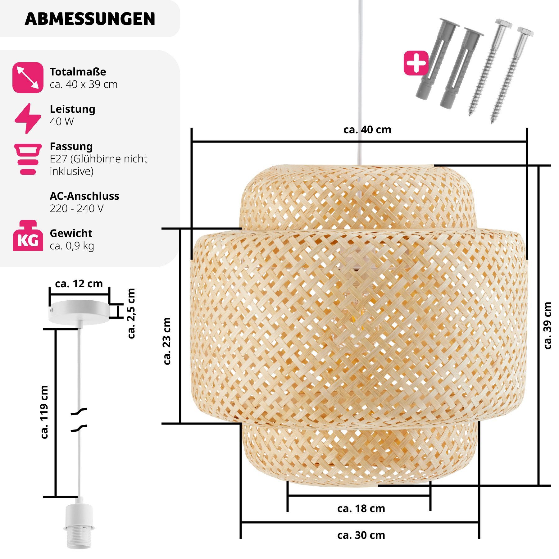 JDONG Pendelleuchte BambusHängeleuchte Rattan Lampenschirm Boho Vintage 30*34cm, E27 Bambus Dekor für Küche, Glühbirne nicht im Lieferumfang enthalten