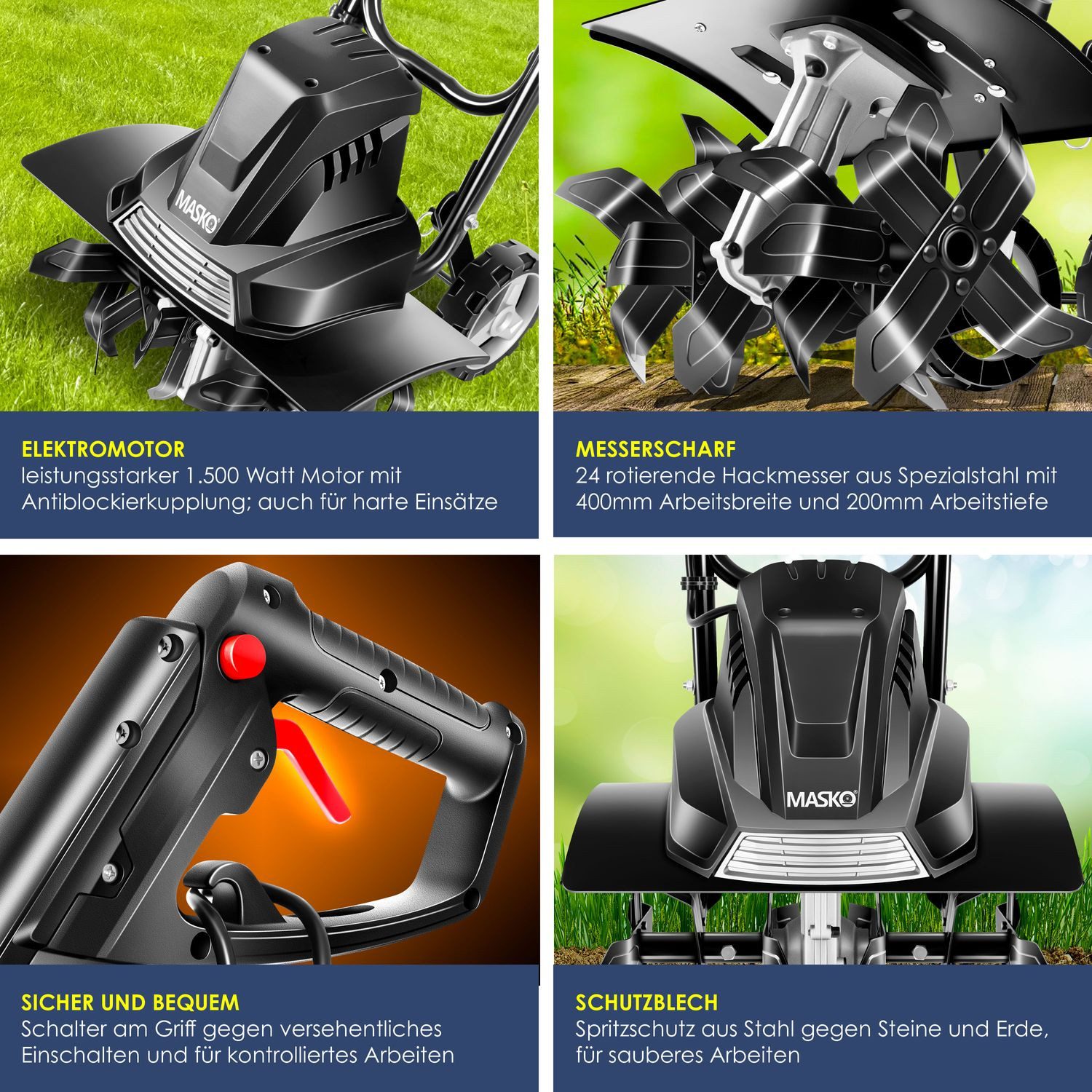 MASKO Elektromotorhacke, Gartenfräse elektrische Motorhacke 1500 Watt 40cm Arbeitsbreite 20cm