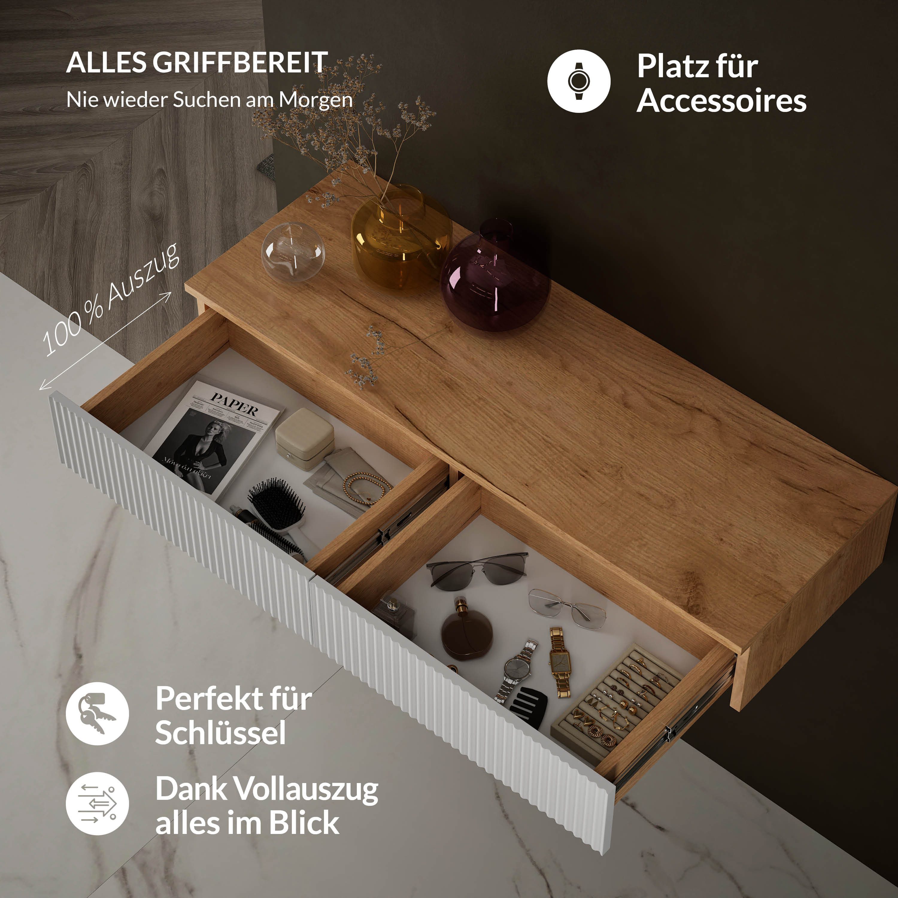 Planetmöbel Konsolentisch AMYRA Flurtisch 100 cm, VELUNA Spiegel mit Beleuchtung 60 - 100 cm (Konsolentisch 100 cm, inkl. Spiegel mit Beleuchtung rund 80x80 cm), Wandkonsole & Wandspiegel Flur Set