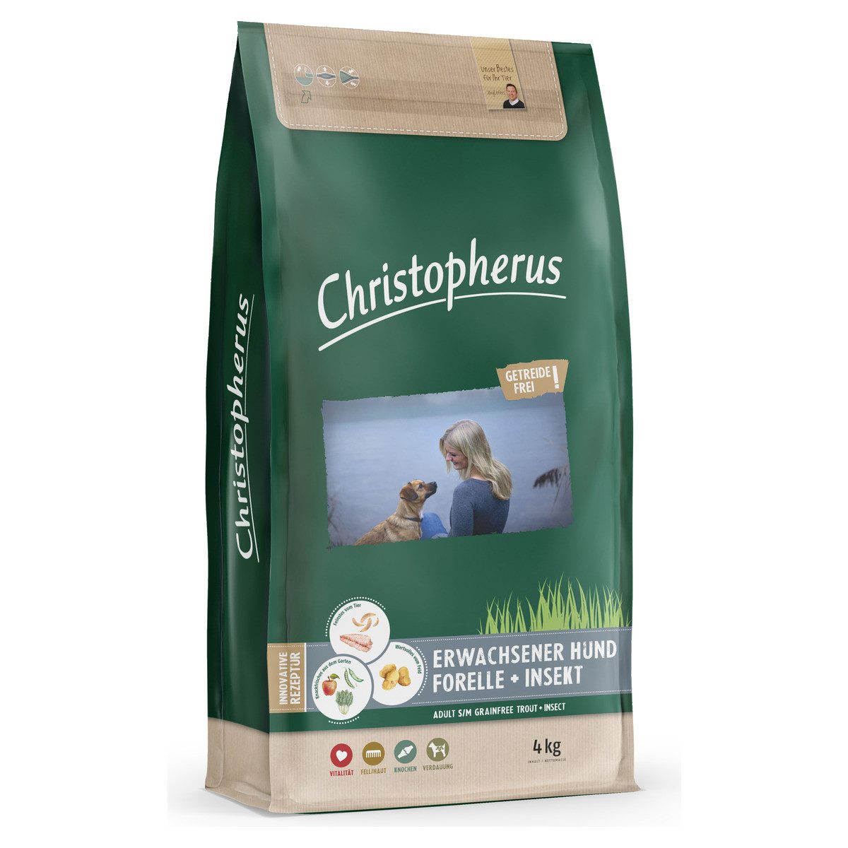 Christopherus Erwachsener Hund Getreidefrei Forelle & Insekt 4 kg, Trockenfutter für: Hund