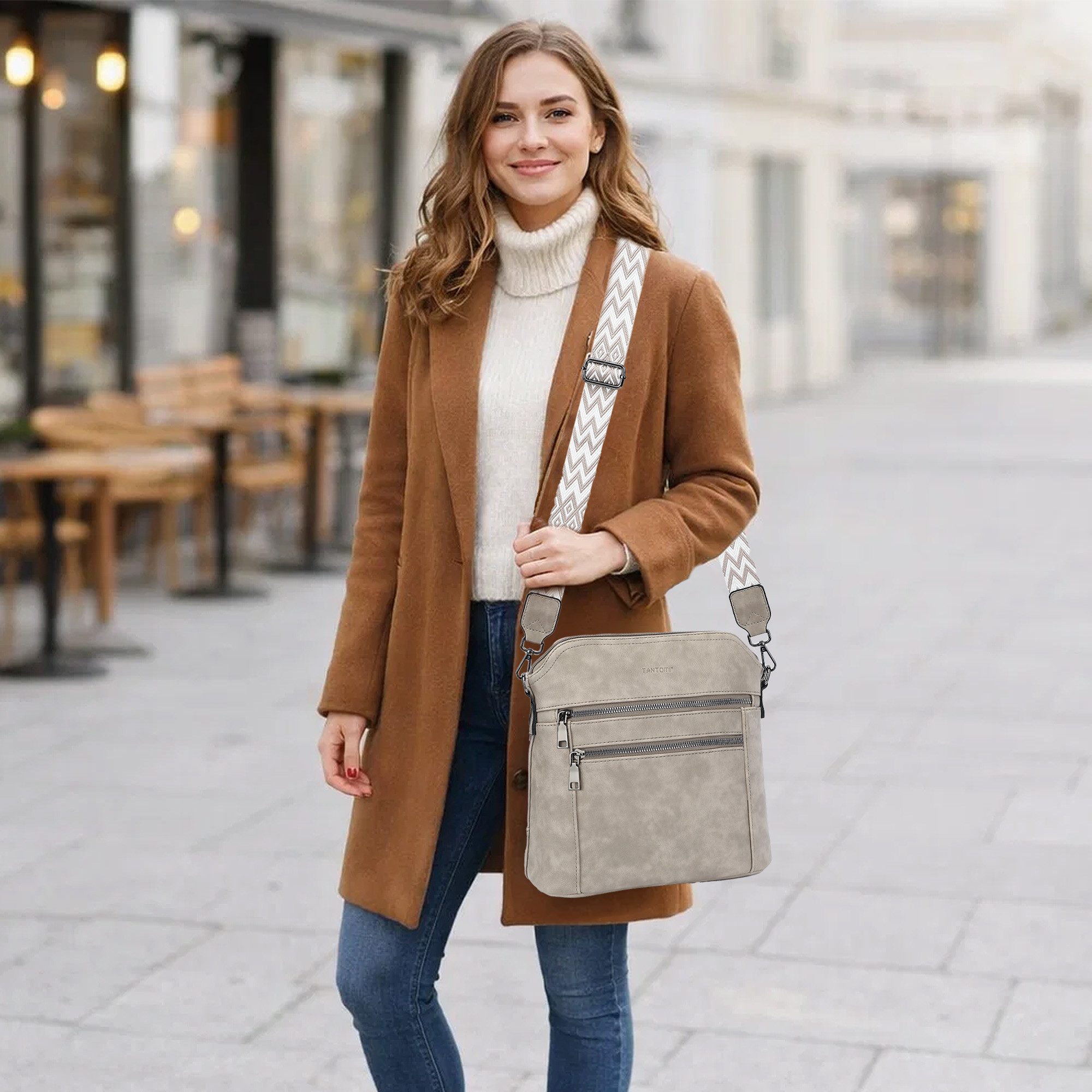 TANTOMI Schultertasche Damen Umhängetasche Mittelgroß mit Vielen Fächern, Crossbody Bag mit Verstellbar Abnehmbar Breiter Gurt – Bild 3 von 5