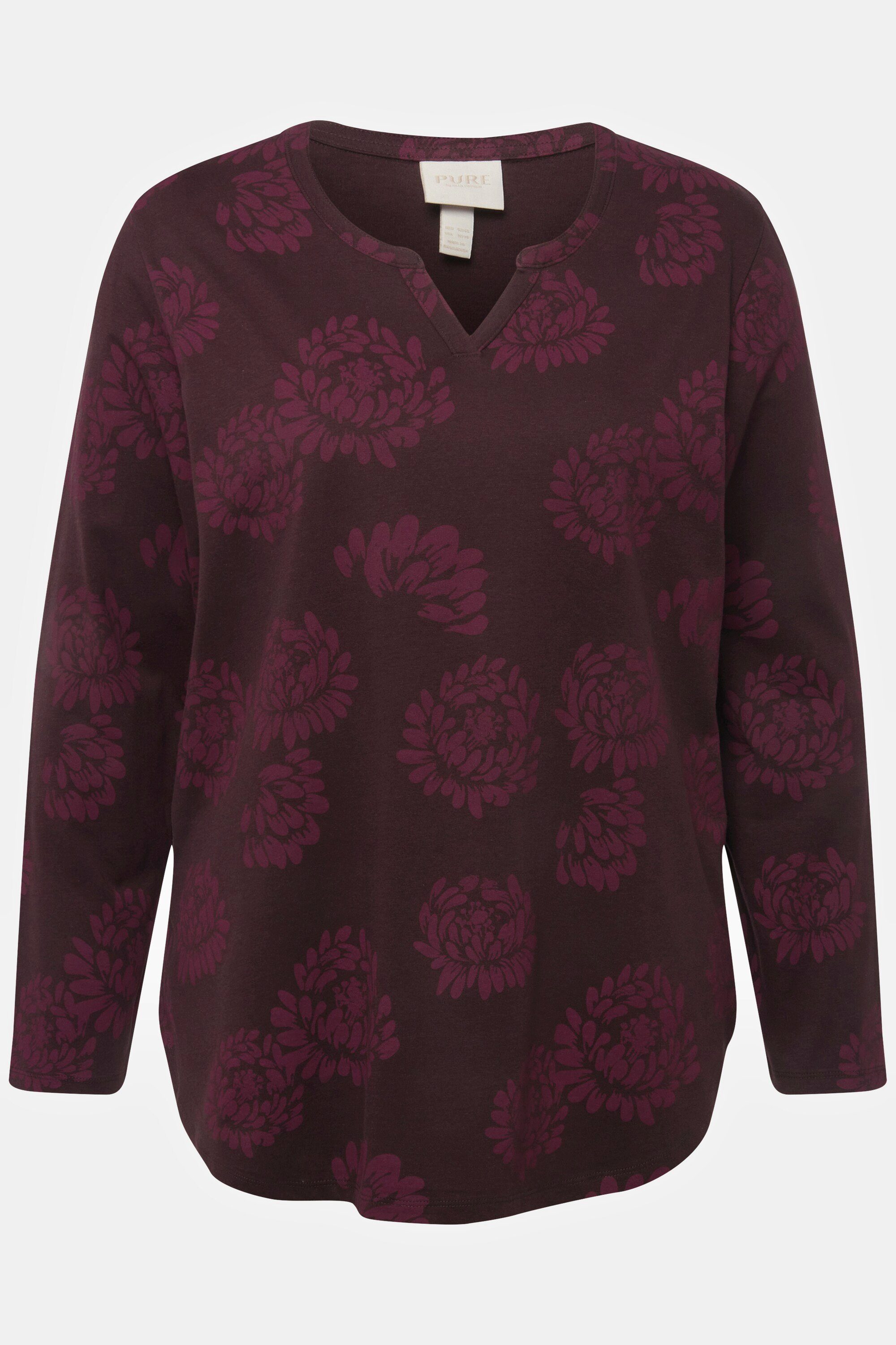 Ulla Popken Pyjamaoberteil Pyjama-Shirt Tunika-Ausschnitt floraler rot Druck