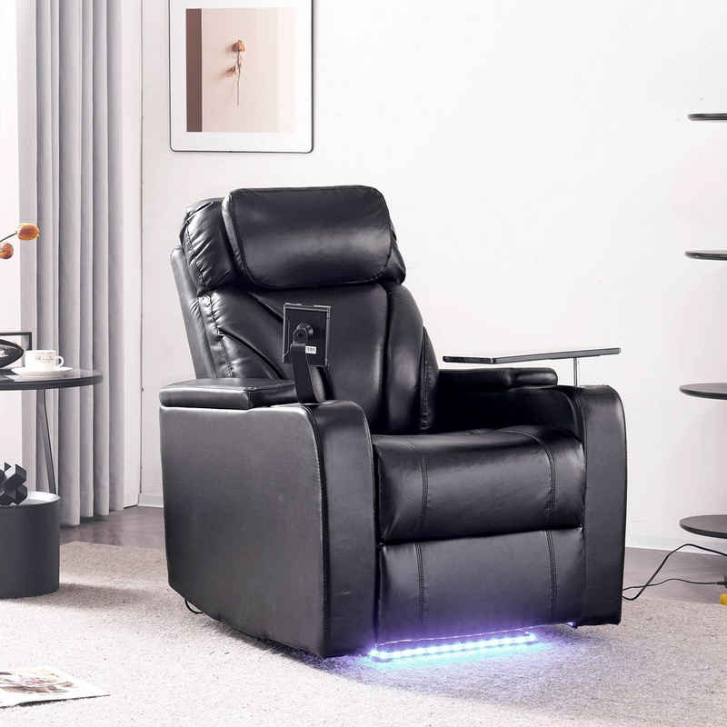 Merax Relaxsessel mit Tabletttisch und Handyhalter, Fernsehsessel, elektrisch mit USB, Bluetooth-Lautsprecher und LED-Beleuchtung