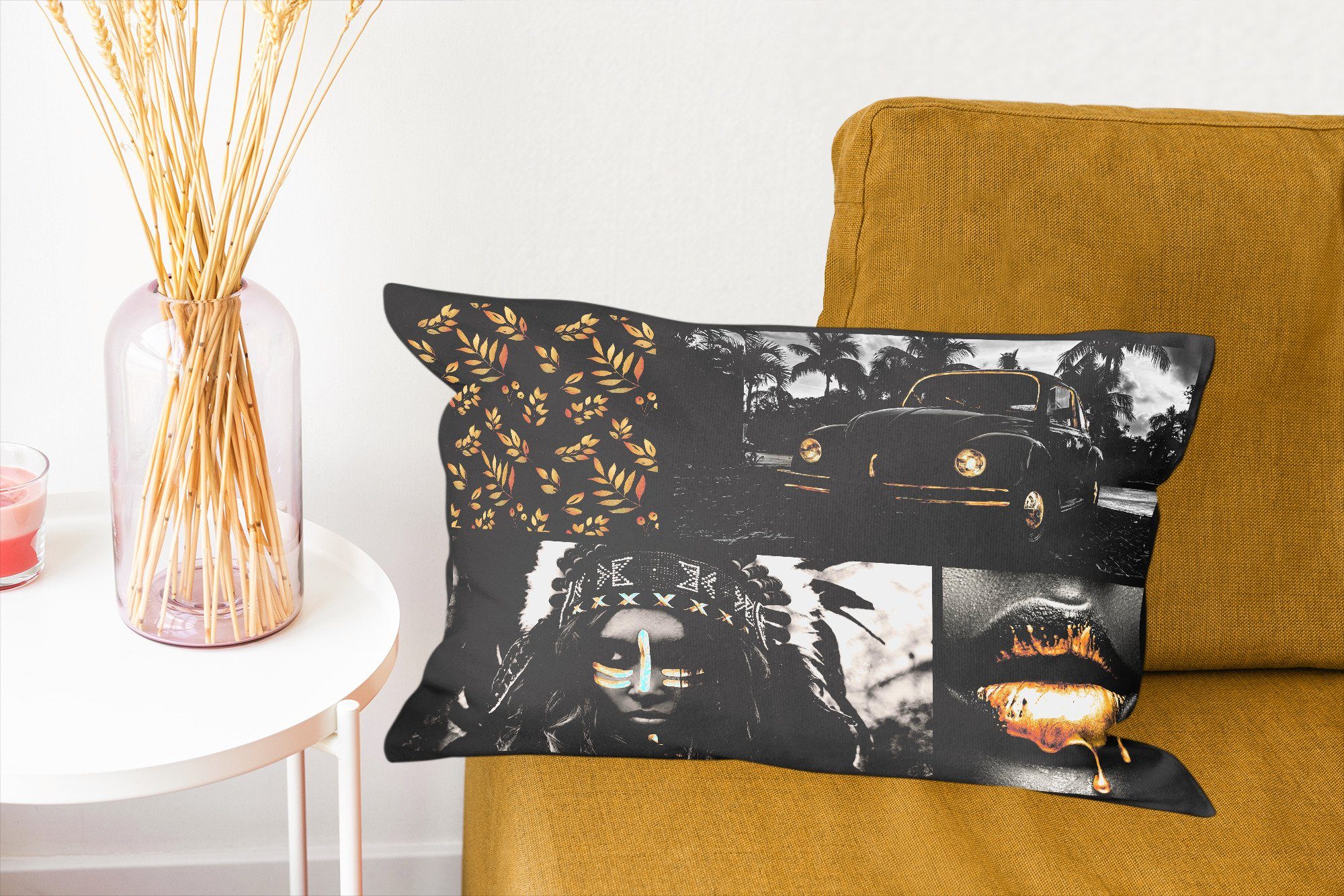 Collage mit Dekokissen Dekoration, - - Zierkissen, Wohzimmer Farbe, Auto - Gold Füllung, MuchoWow Schlafzimmer Dekokissen