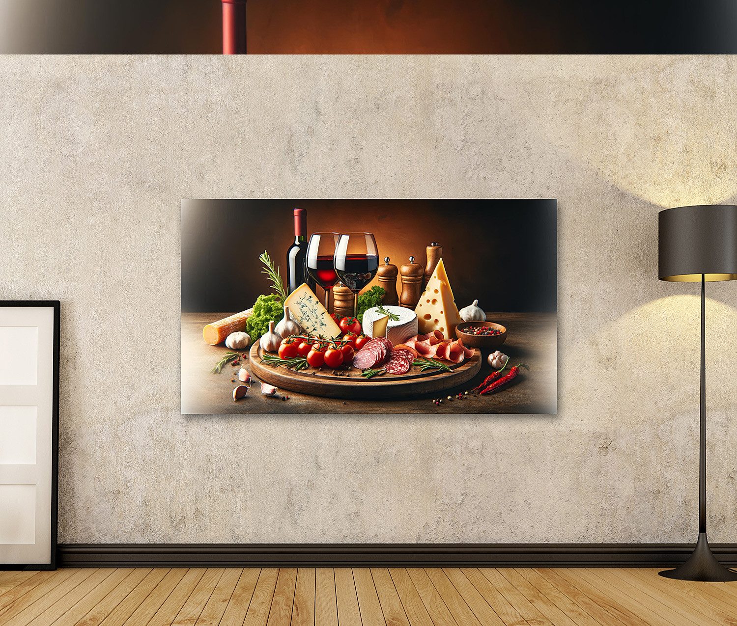 islandburner Leinwandbild für die Küche kulinarisches Stillleben Mit Wein Und Käse – Bild 2 von 3