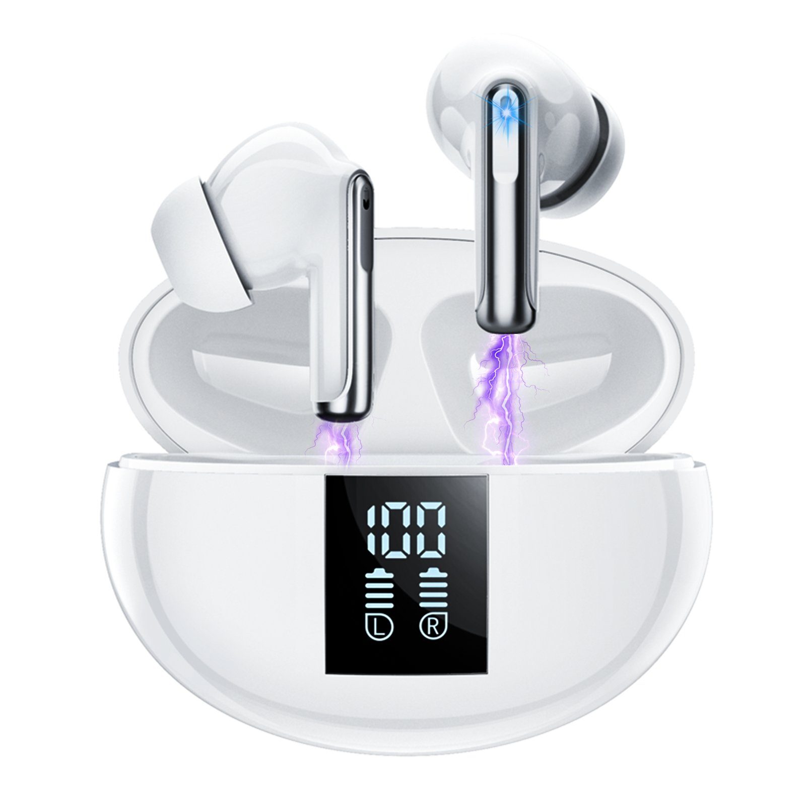 Yuede Bluetooth 5.3 Kopfhörer, Earbuds Kabellos mit LED-Ladebox In-Ear-Kopfhörer (Immersives HIFI-Stereo, Bluetooth Kopfhorer mit LED-Ladebox, ENC HD Anruf, One Step Pairing, 10-mm-Schwingspule) Weiss