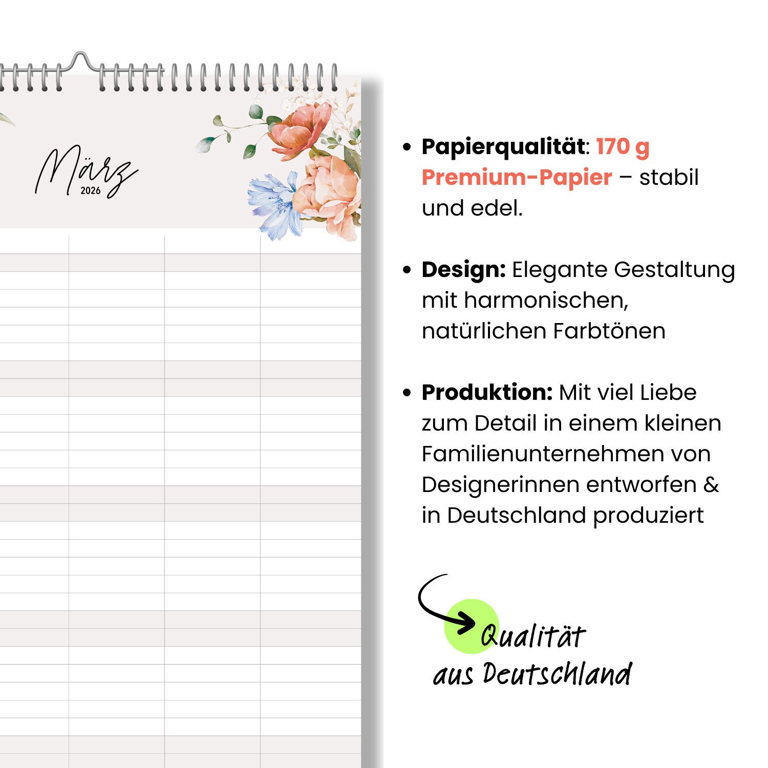 heaven+paper Familienkalender A3 Familienplaner WILDFLOWER 5 Spalten 2026 blumig, hochwertig, Hergestellt in Deutschland