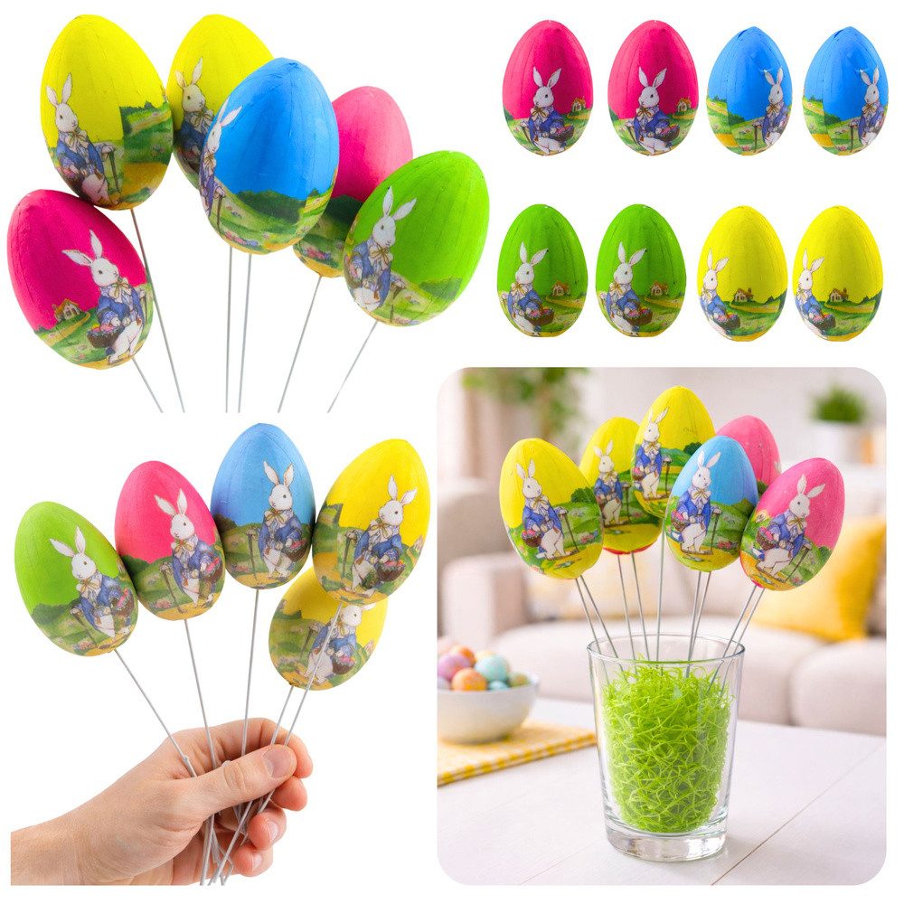 LEAN TOYS Osterei Dekoeier Blumenstecker Osterdeko (Spar-Set, 6 St., 24 cm hoch bunt), Hasenmotiv, flexibler Drahtstiel, 6er-Set, 24 cm