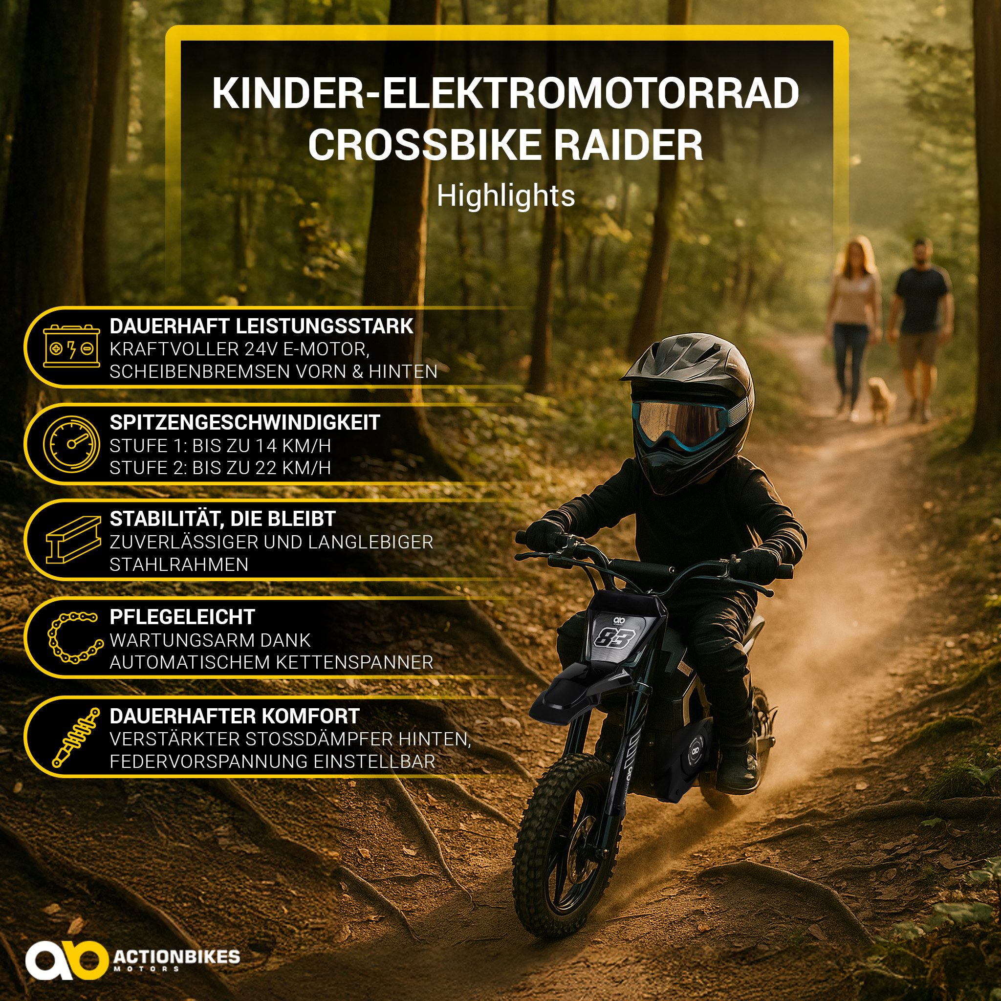 Actionbikes Motors Elektro-Kindermotorrad Kinder Crossbike Raider Elektromotorrad ab 8 Jahren, Crossbike mit Scheibenbremsen, Motocross mit Motorabschaltung