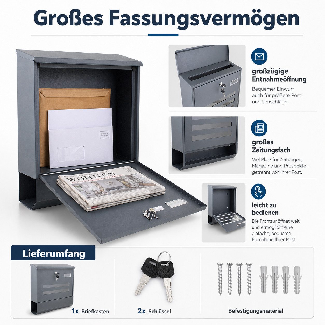 Bituxx Briefkasten Dunkelgrau Eckig mit Zeitungsrolle und Fenster (MS-16025) – Bild 4 von 4
