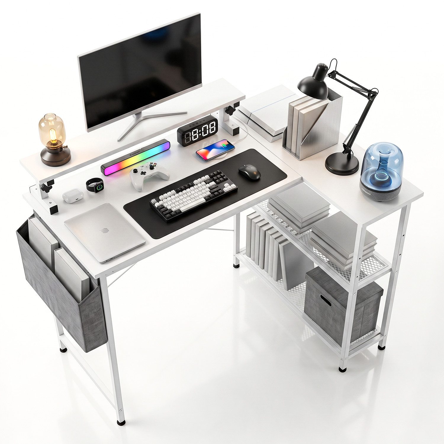 oyajia Schreibtisch Gaming Tisch Eckschreibtisch mit Regal USB-Ladeanschluss und Steckdose (Platzsparender Weißer Computertisch, Kleiner Schreibtisch Geeignet für Home Office), 108cm Computertisch L Form