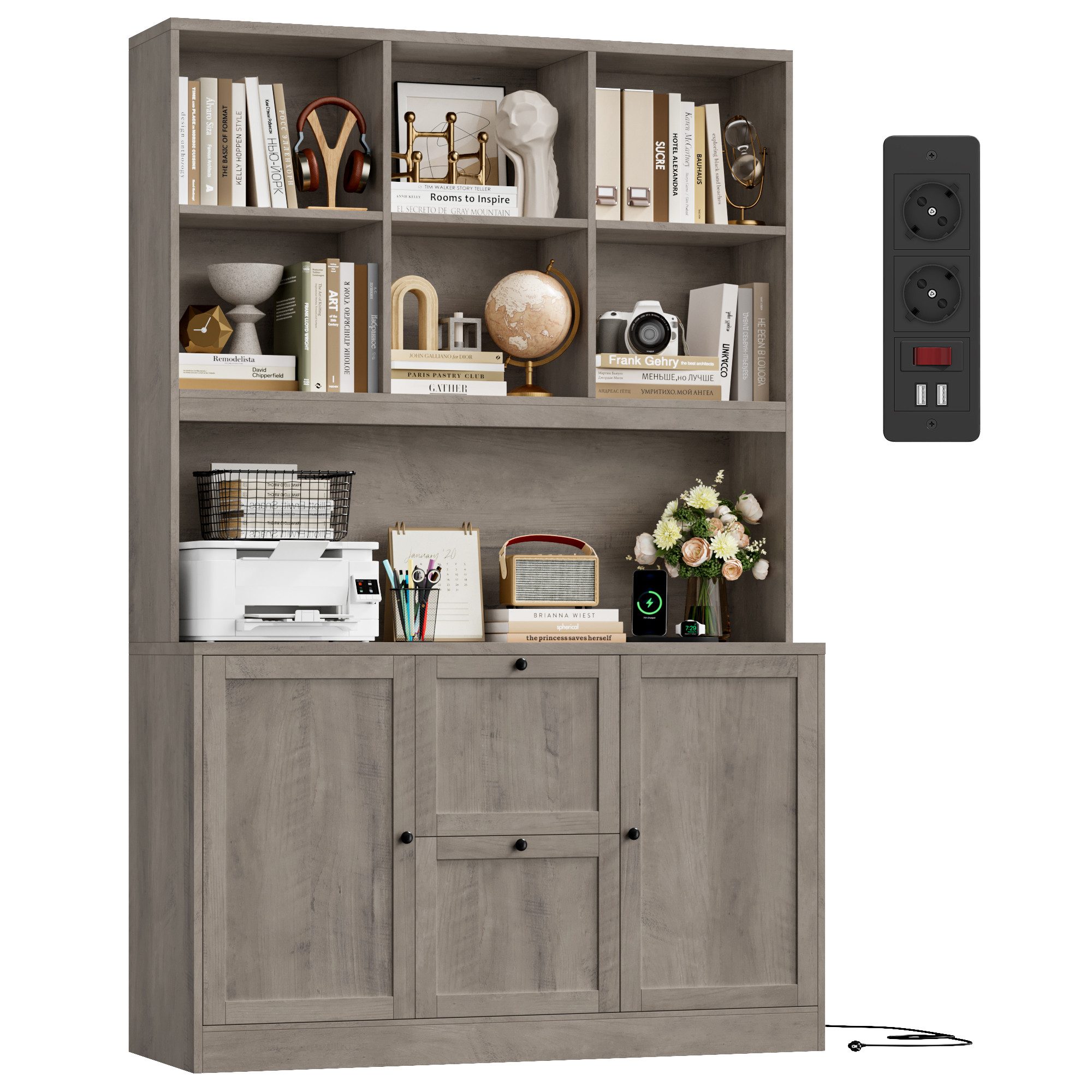 Homfa Bücherregal 182 cm Aktenschrank Mehrzweckschrank, mit Steckdose, 2 Türen und 2 Schubladen für Hängemappen, Artisan Eiche