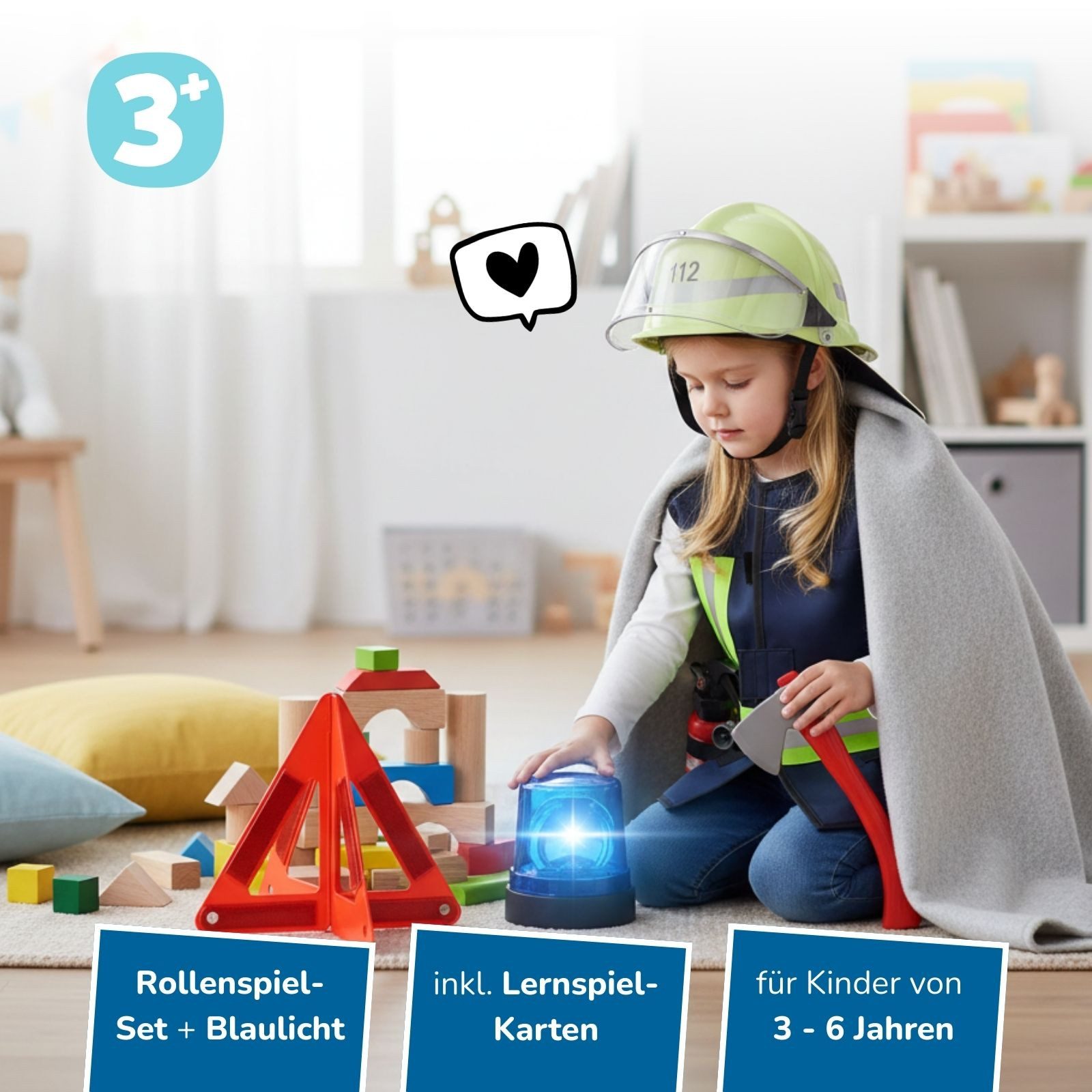 alldoro Spielzeug-Schutzweste Feuerwehr Rollenspiel & Lernset, Feuerwehr-Kostüm inkl. LED-Blaulicht, für Kinder 3-6 Jahre, Verkleidung mit Weste, Helm, Zubehör & 8 Karten