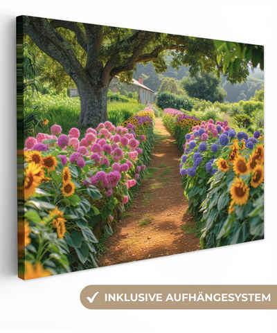OneMillionCanvasses® Leinwandbild Blumen - Weg - Sonnenblumen - Garten - Hortensie, Bunt - Garten (1 St), Wandbild Leinwandbilder, Aufhängefertig, Wanddeko 40x30 cm