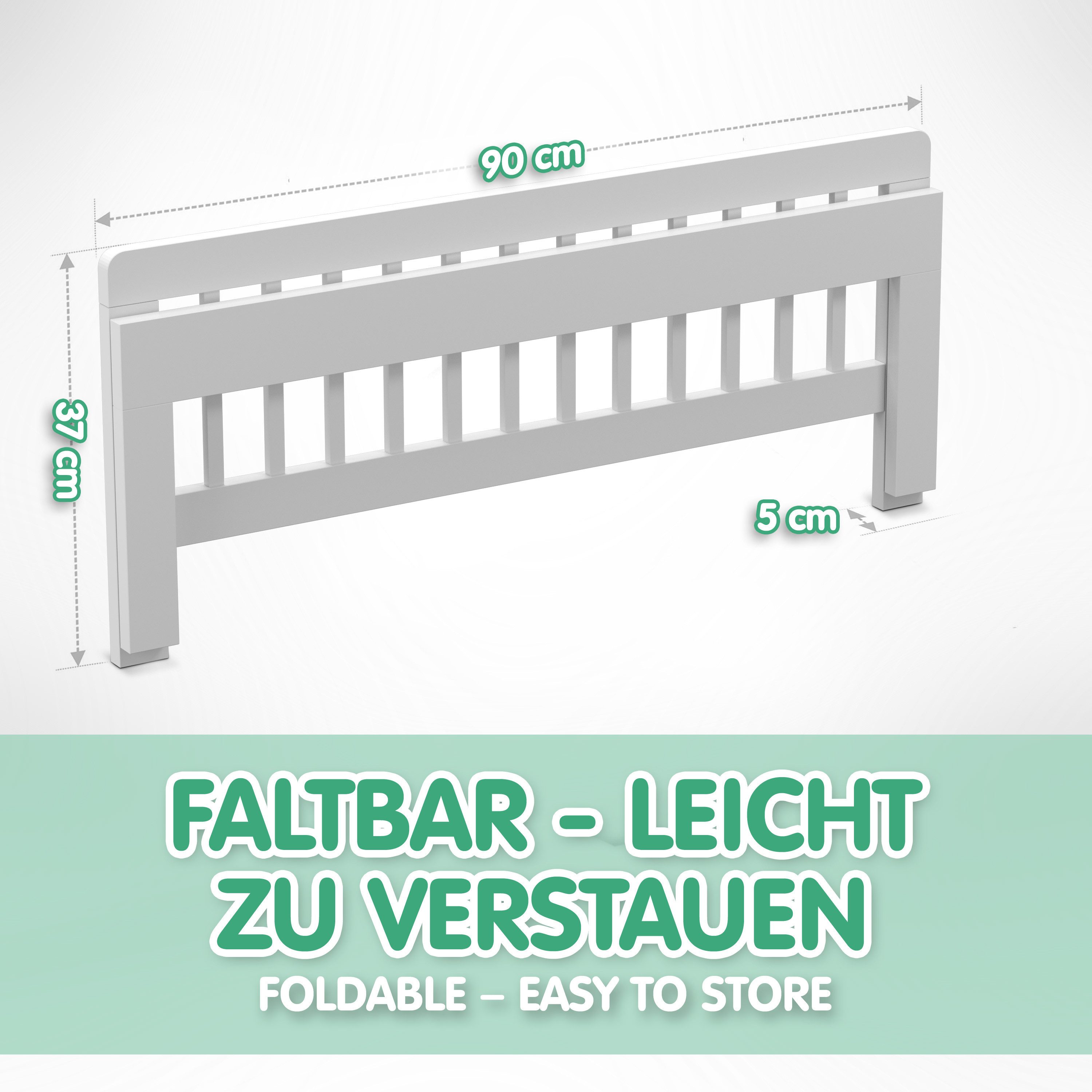 CADANI Bettschutzgitter Holz Bettgitter - Kinderbett Rausfallschutz klappbar, robust u. stabil (90 cm breit, weiss, auch in 115 cm und 140 cm verfügbar), auch f – Bild 4 von 5