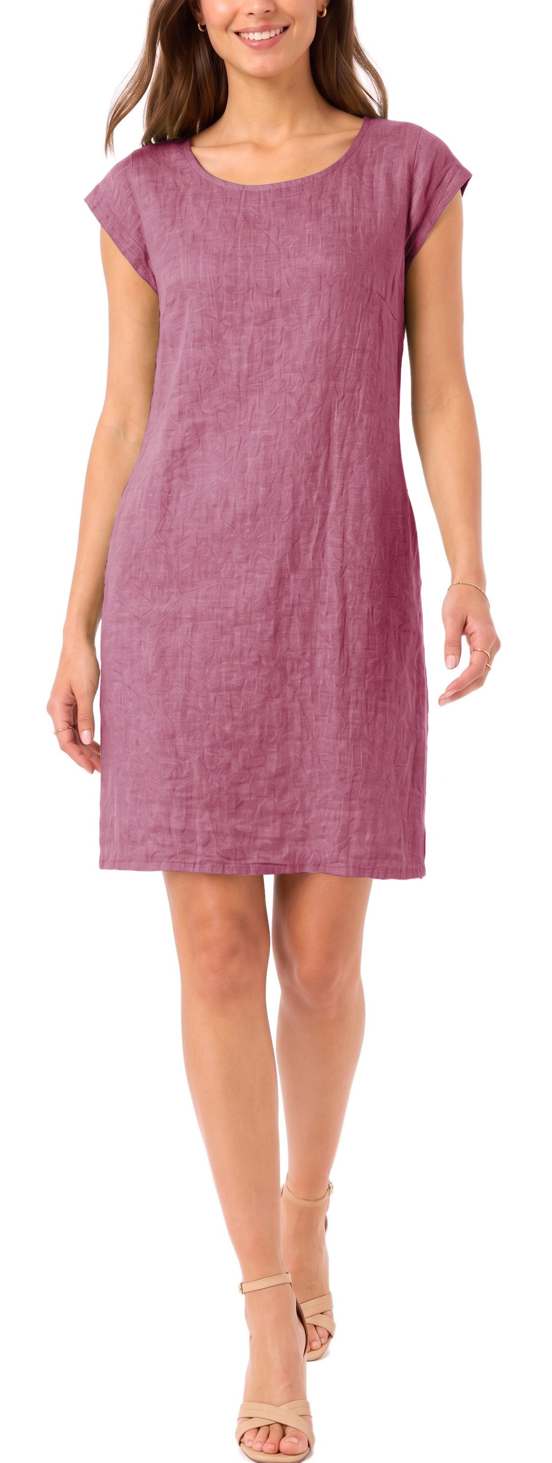 dy_mode Midikleid Einfarbiges Damen Leinenkleid Sommerkleid Kurzarm Midi Kleid in Unifarbe, mit Eingriffstaschen, leicht taillierte Passform – Bild 3 von 5