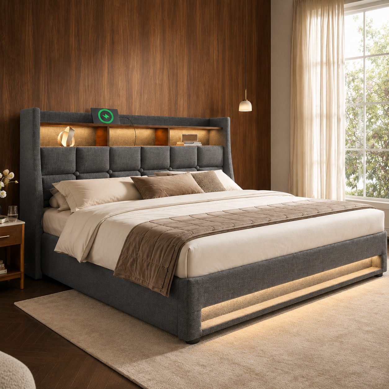 Flieks Polsterbett, Baumwolle-Leinen Bezug Stauraumbett mit USB-Anschluss + LED 160x200cm