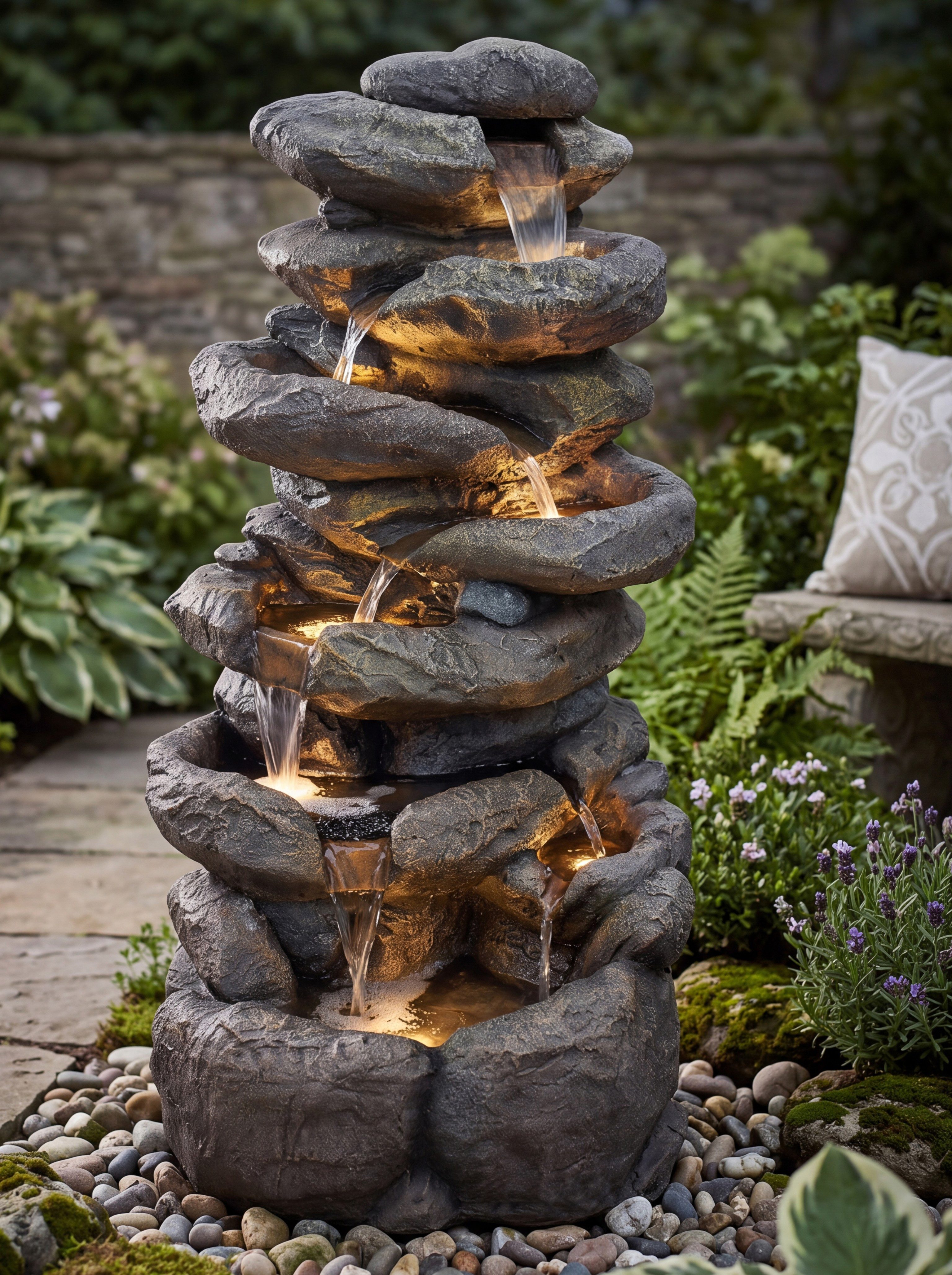 Arnusa Gartenbrunnen großer Springbrunnen 100 cm Wasserfall Kaskade mit Beleuchtung, 48 cm Breite, Gartendekoration