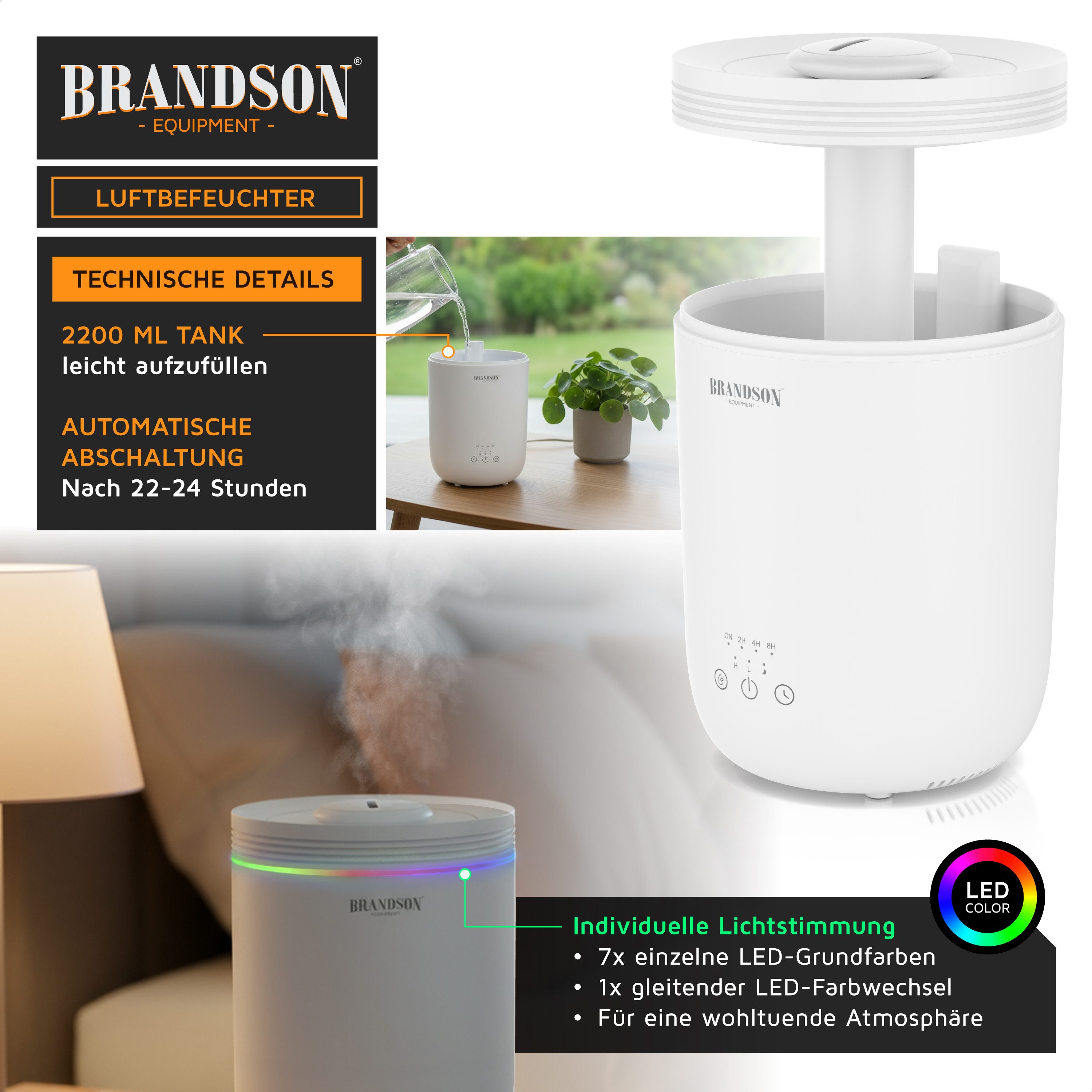 Brandson Luftbefeuchter Aroma Diffuser 2,2 L mit RGB Stimmungslicht, 3 Nebelstufen, sehr leise, 2.2 l Wassertank, Timer, Fernbedienung, für Wohnzimmer, Kinderzimmer und Schlafzimmer