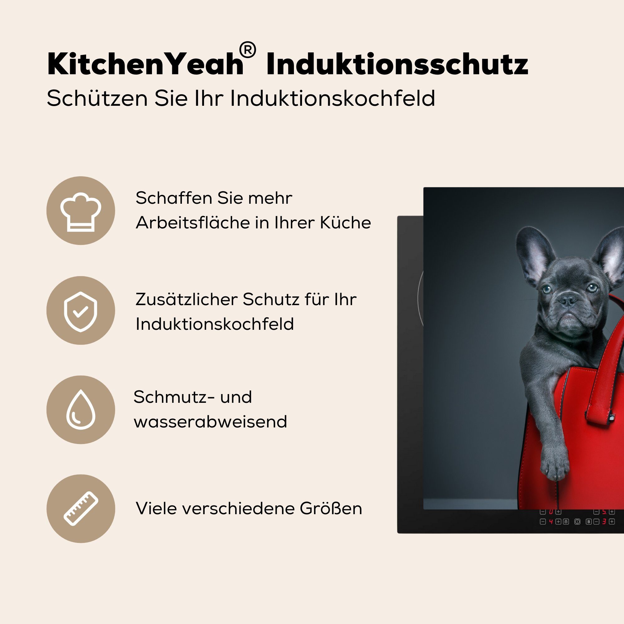 - Mädchen Tasche - Vinyl, tlg), küche - Lustig - Hund Herdblende-/Abdeckplatte MuchoWow - Kinder (1 Ceranfeldabdeckung, für Kinder, 78x78 - Jungen cm, Arbeitsplatte