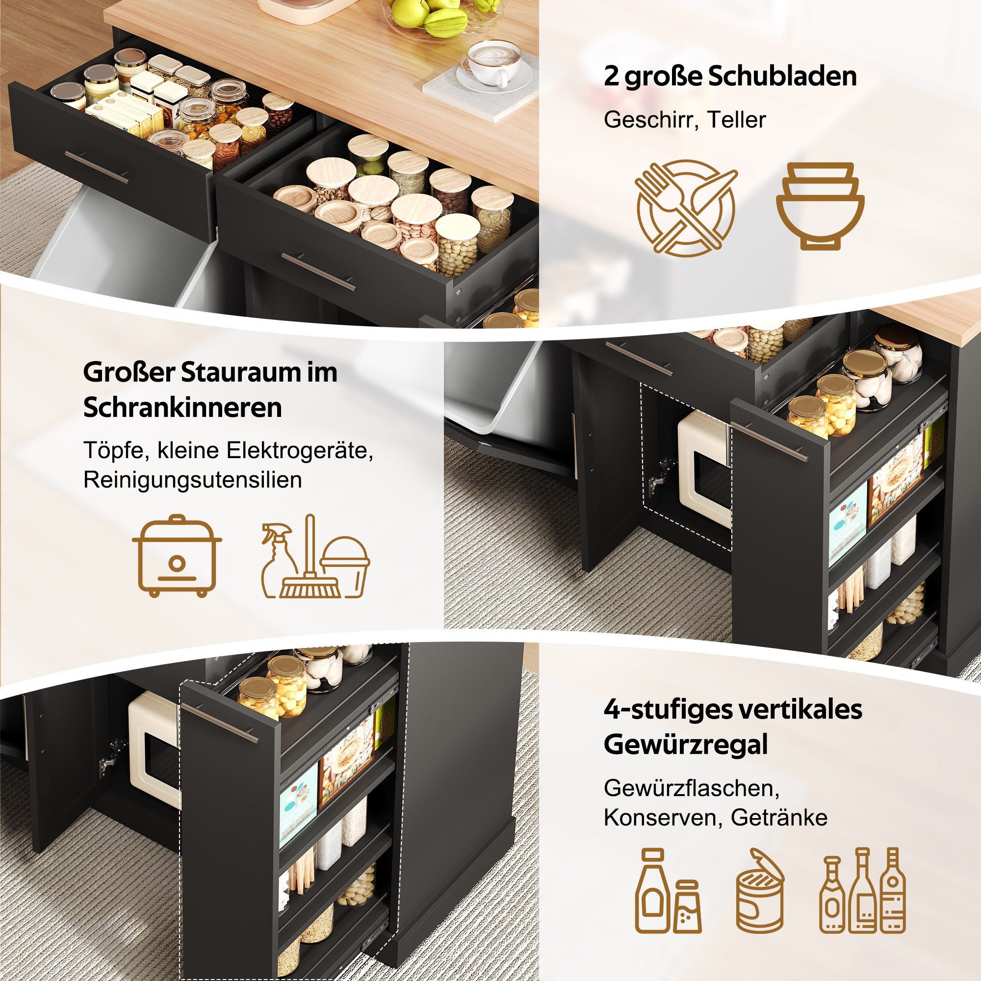 BlingBin Küchenwagen Kücheninsel auf Rollen mit klappbarer Arbeitsplatte,mit Müllschrank, (1 Stück, 1 St., 120 × 45 (70) × 93 cm), mit 4-stufigem Gewürzregal, 2 Schubladen und feststellbaren Rollen