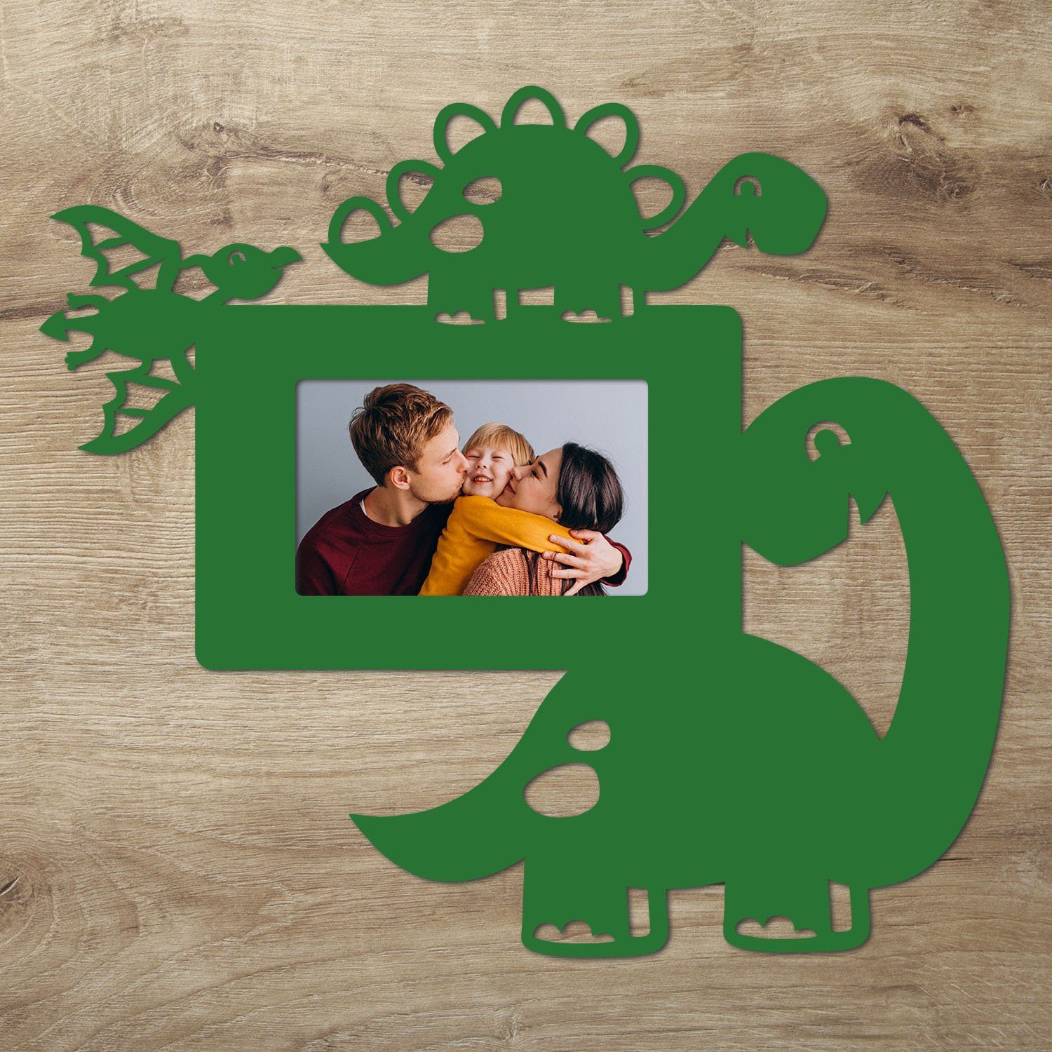 Namofactur Bilderrahmen Dinosaurier Fotorahmen aus Holz, Bilderrahmen Dino, Geschenk Kinder, für 1 Bilder Grün