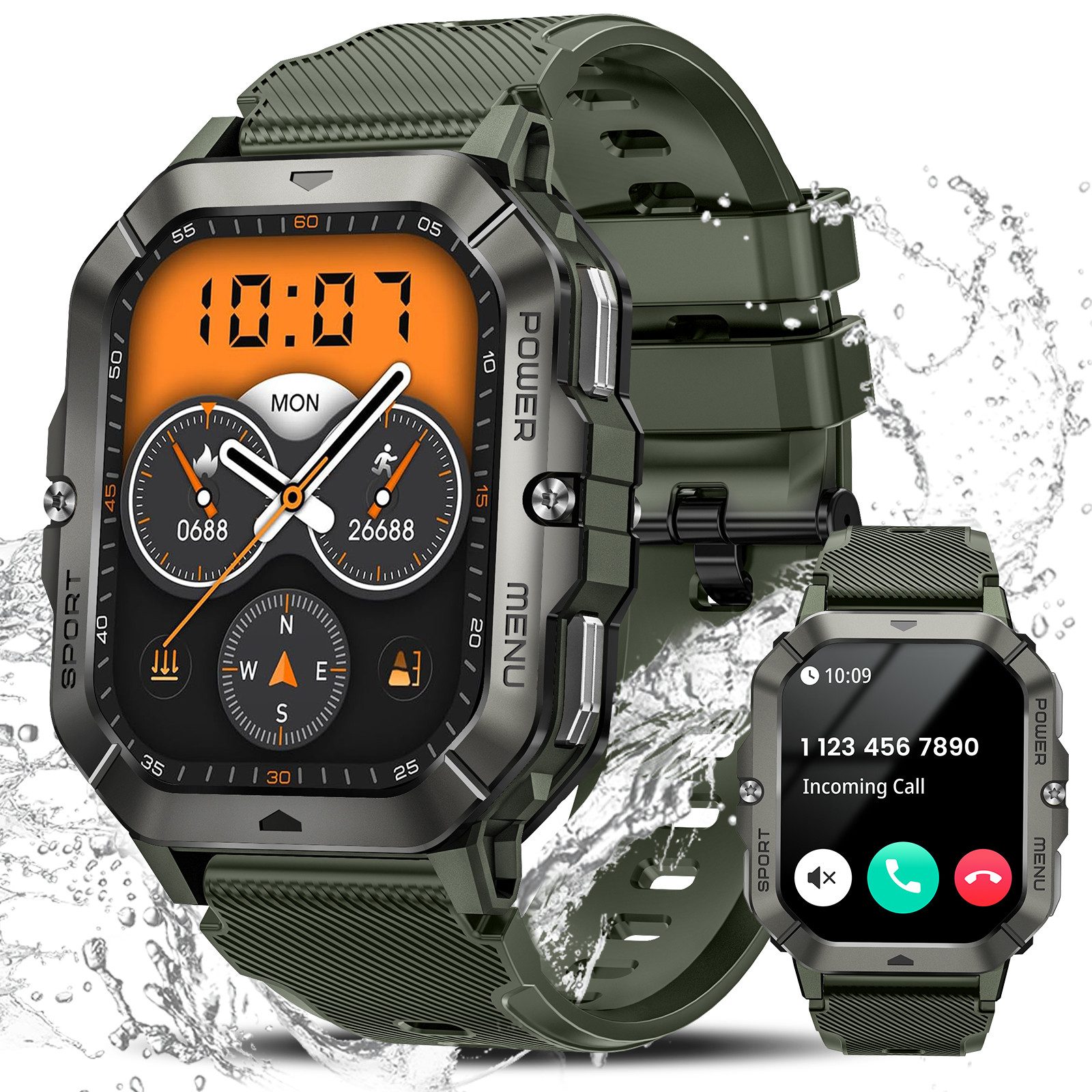 BANLVS 2025 NEW Smartwatch Herren Militärische mit Telefonfunktion & AI GPT Smartwatch (5,13 cm/2,02 Zoll, HD Bildschirm Touchscreen) mit Herzfrequenz/SpO2/Blutdruck/Schlafmonitor, 100+ Sportmodi Sportuhr, lP68/5ATM Wasserdicht, 450mAh Langlebiger Akku, 2,02" HD Voll Zoll für iOS und Android