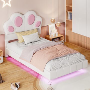 OKWISH Polsterbett Kinderbett, Katzenpfotenform am Kopfende des Bettes (gepolsterter schwebender Bettrahmen mit farbwechselndem LED-Lichtdesign 90x200 cm), ohne Matratze
