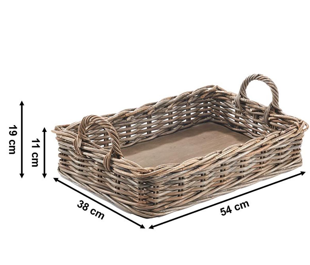 Kobolo Tablett Dekotablett Serviertablett aus Rattan kubu grey, Serviertablett Holzt, Holz, (Stück, 1-tlg., Stück), mit Holzboden - 56x38x12 cm